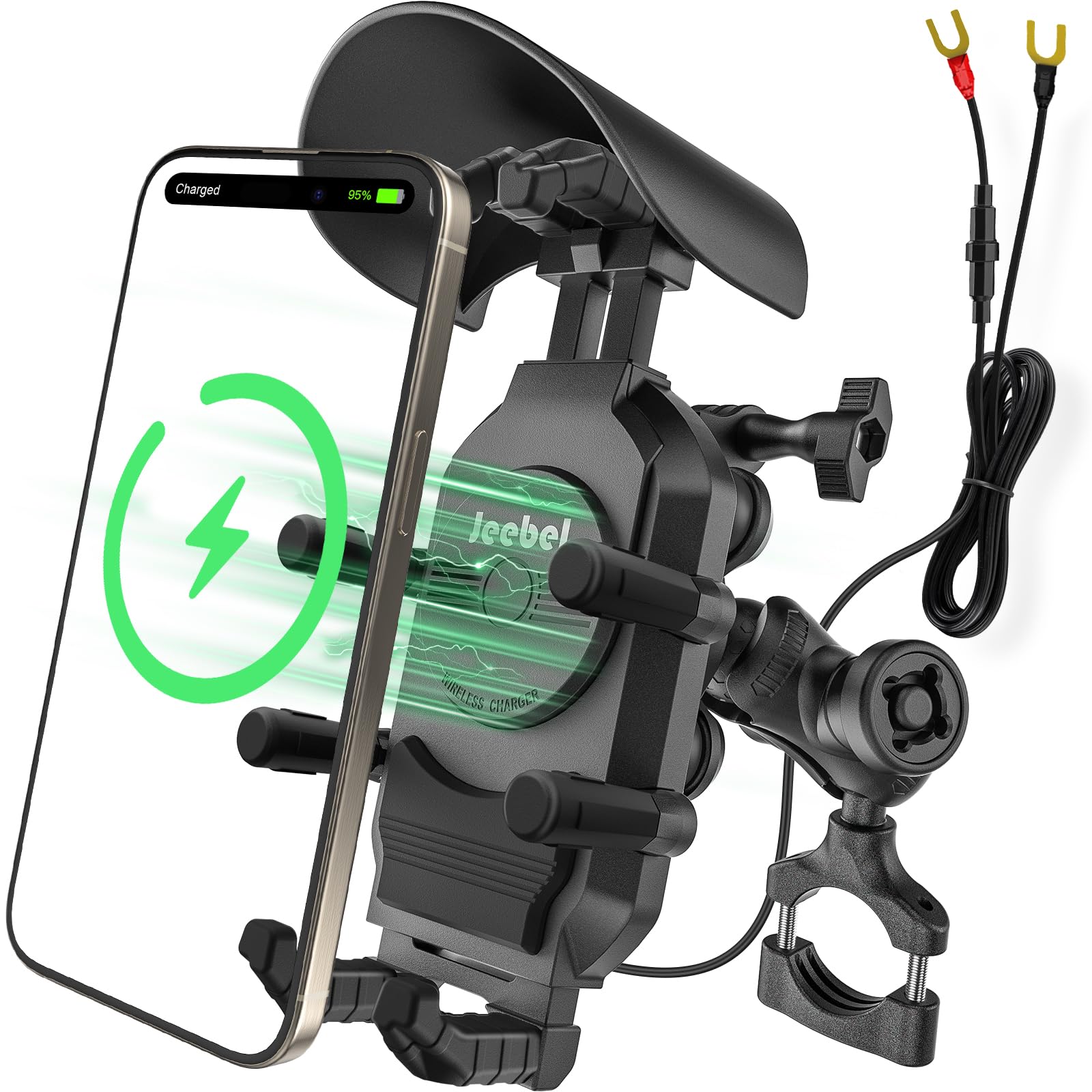 Jeebel Uchwyt na telefon motocyklowy 3 w 1 ładowarka do smartfona motocyklowego z bezprzewodowym ładowaniem Qi 15W i USB-C QC 3.0 30 W, osłona przeciwsłoneczna, ochrona przed kradzieżą, obrót o 360°