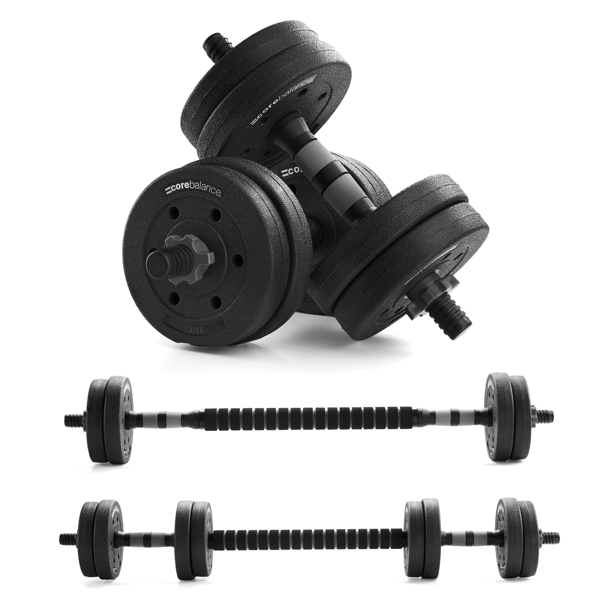Core Balance Adjustable Dumbbell & Barbell Set 10kg, Spinlock Weights for Home Gym Strength Training, Weight Lifting & Bodybuilding, Non-Slip Grip, Space-Saving Design (2 Dumbbells, 1 Barbell)