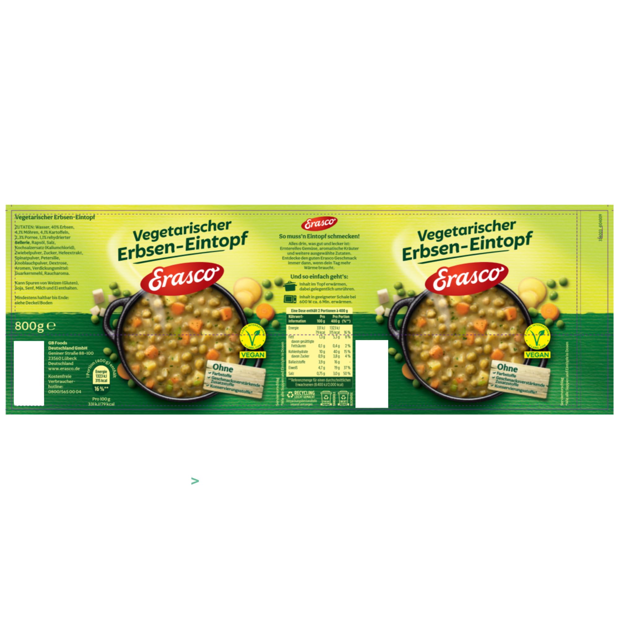 Erasco vegetarischer Erbsen-Eintopf 6er Pack (6x800g Dose) + usy Block