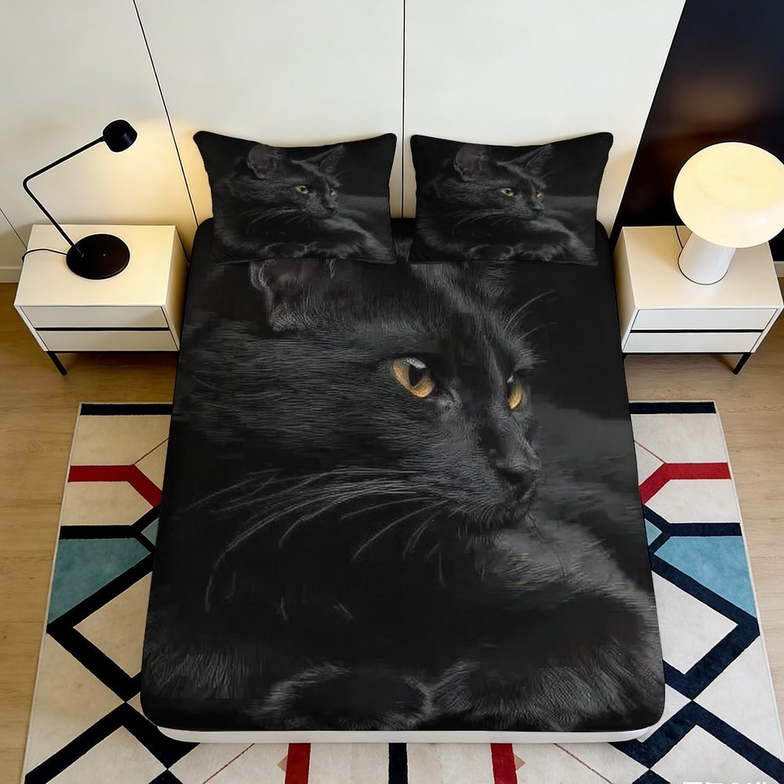 3D Printed Black Cat Fitted Sheet Microfiber Soft Bedroom Decor Animal Bed Cover for Adult Teen Guest Room 90x200x25cm