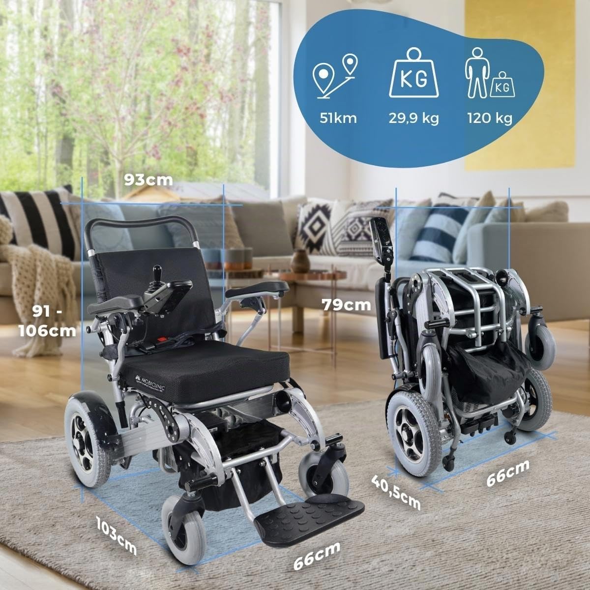 Mobiclinic®, Fauteuil Roulant Électrique, Autonomie 51 km, 3x24v, Pliable, Aluminium, Moteur, Pour personnes âgées, Léger, Siège 45 cm, Noir, Troya Plus Ultra