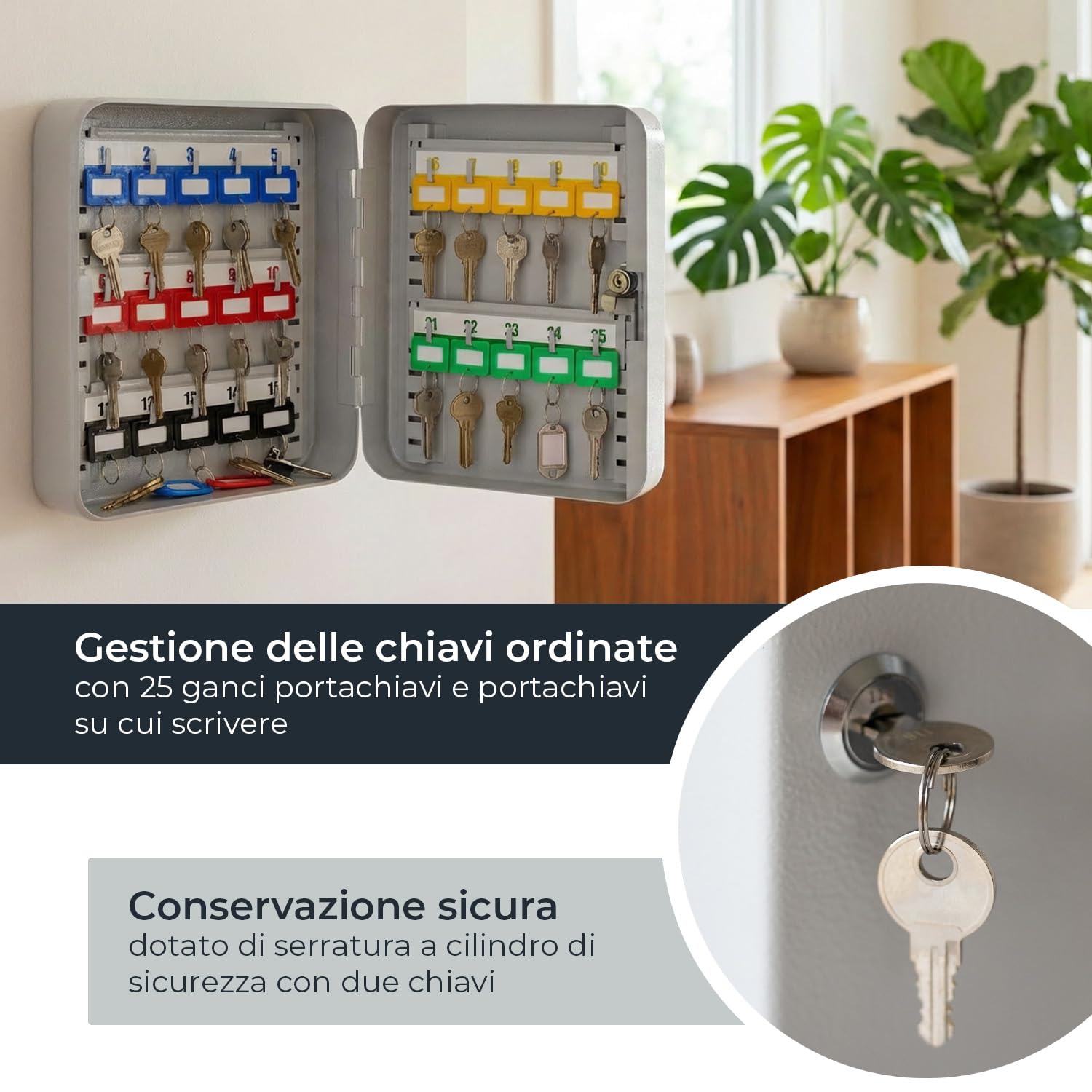 HMF Cassetta Porta Chiavi Piccola in Acciaio, Armadietto Portachiavi con Serratura per Ingresso, Studio o Garage | 25 Ganci Portachiavi | 25 x 20 x 7,5 cm | Grigio Chiaro