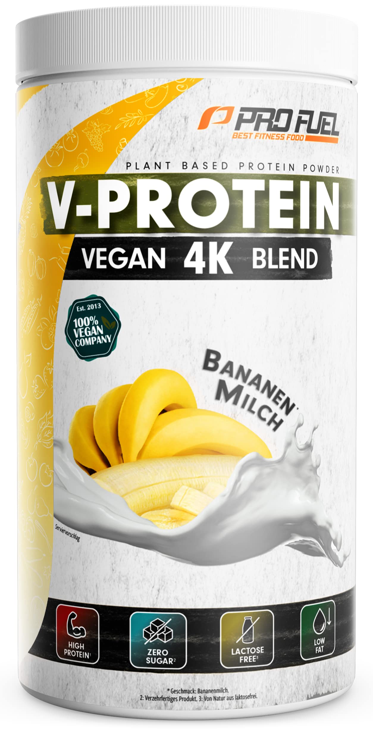 Vegan Protein Pulver BANANE 750g – V-PROTEIN 4K Blend - Unglaublich lecker &amp; cremig - Aus Sonnenblumen, Soja, Hanfsamen &amp; Kürbiskernen - veganes Eiweißpulver mit 82% Protein - laborgeprüft, 100% vegan – Amazon Angebot