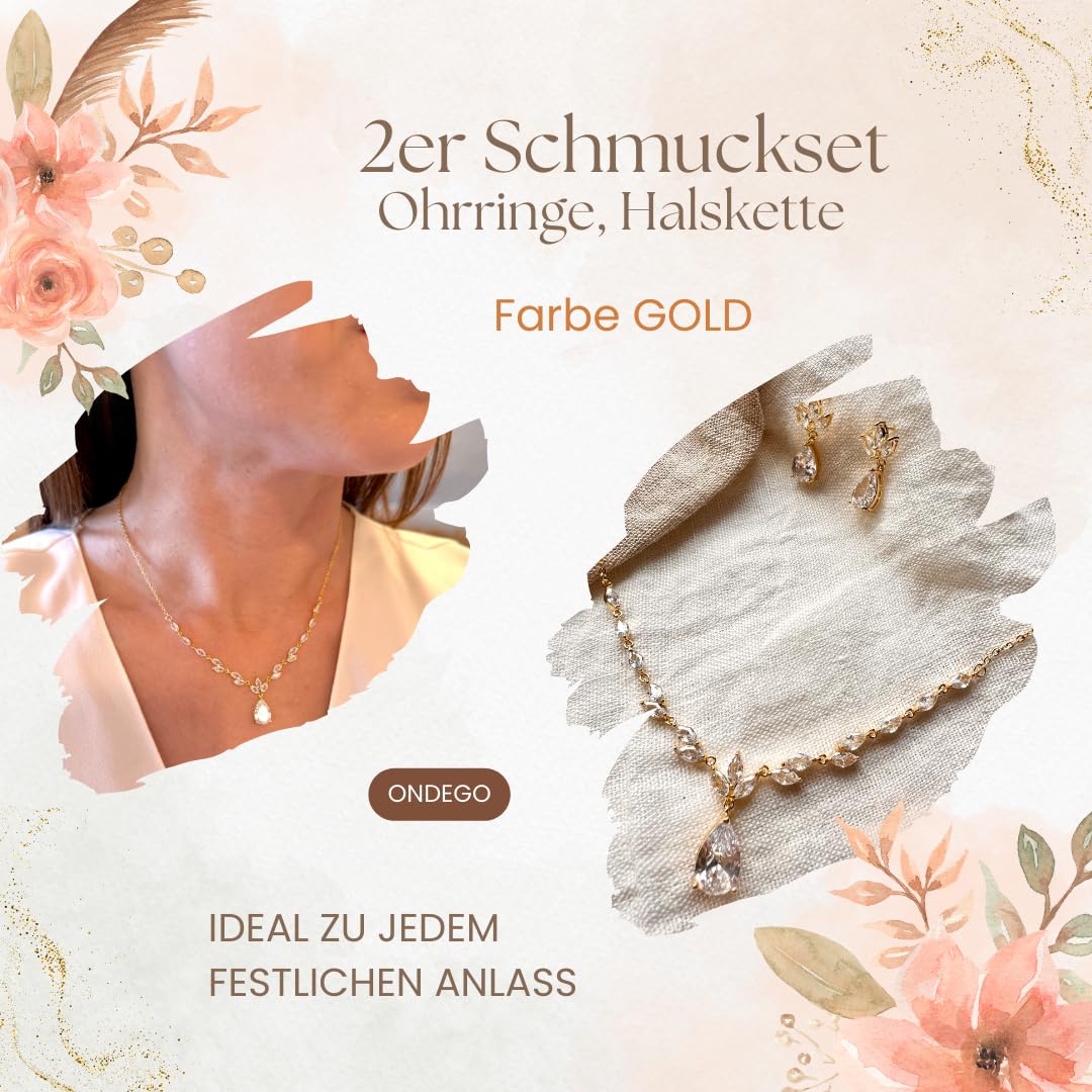 Brautschmuck Set Gold – Halskette 43–50 cm & Ohrringe mit AAA+ Zirkonia – Eleganter Hochzeitsschmuck Damen Tropfen Design