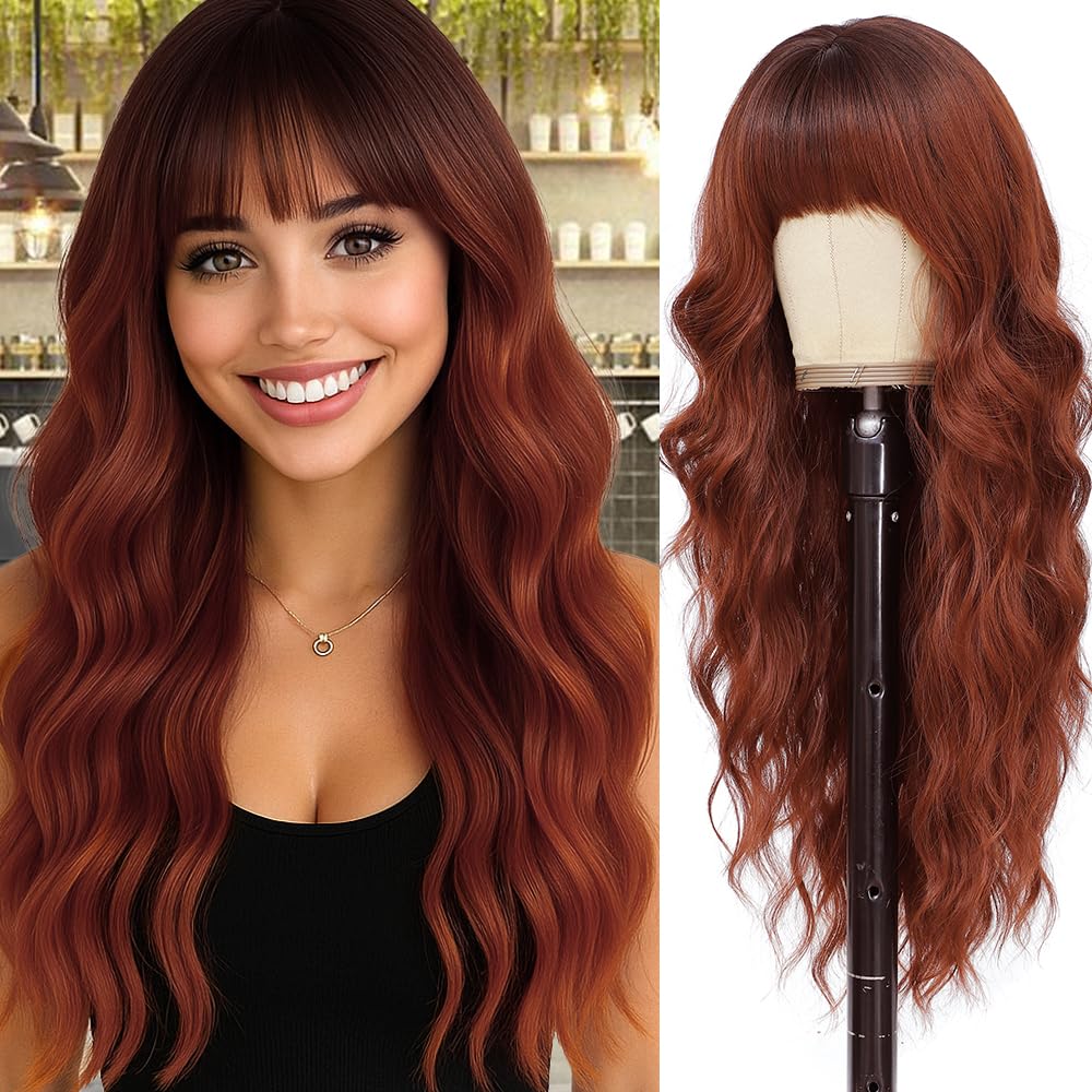 WAVE&BREEZE Long Ginger Orange Wigs with Bangs 26Inch Wavy Curly Hair for Women Tangle Free Soft Natural Looking Premium Heat Resistant Protein Fiber Daily Party Use 26 Inch Ginger