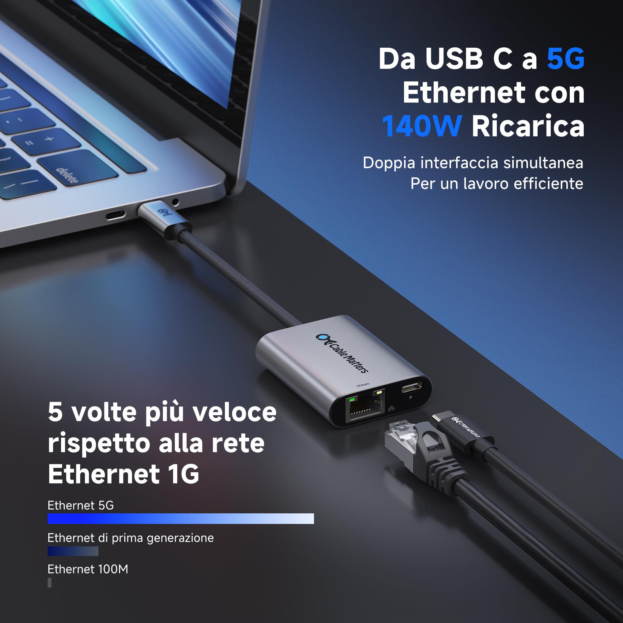 Cable Matters adattatore USB-C a Ethernet 5GbE, 140 W | USB4 / Thunderbolt 5/4 / 3, MacBook, Portatile, Dispositivi USB-C, 5 Gigabit Ethernet, 5000 Mbit/s rete