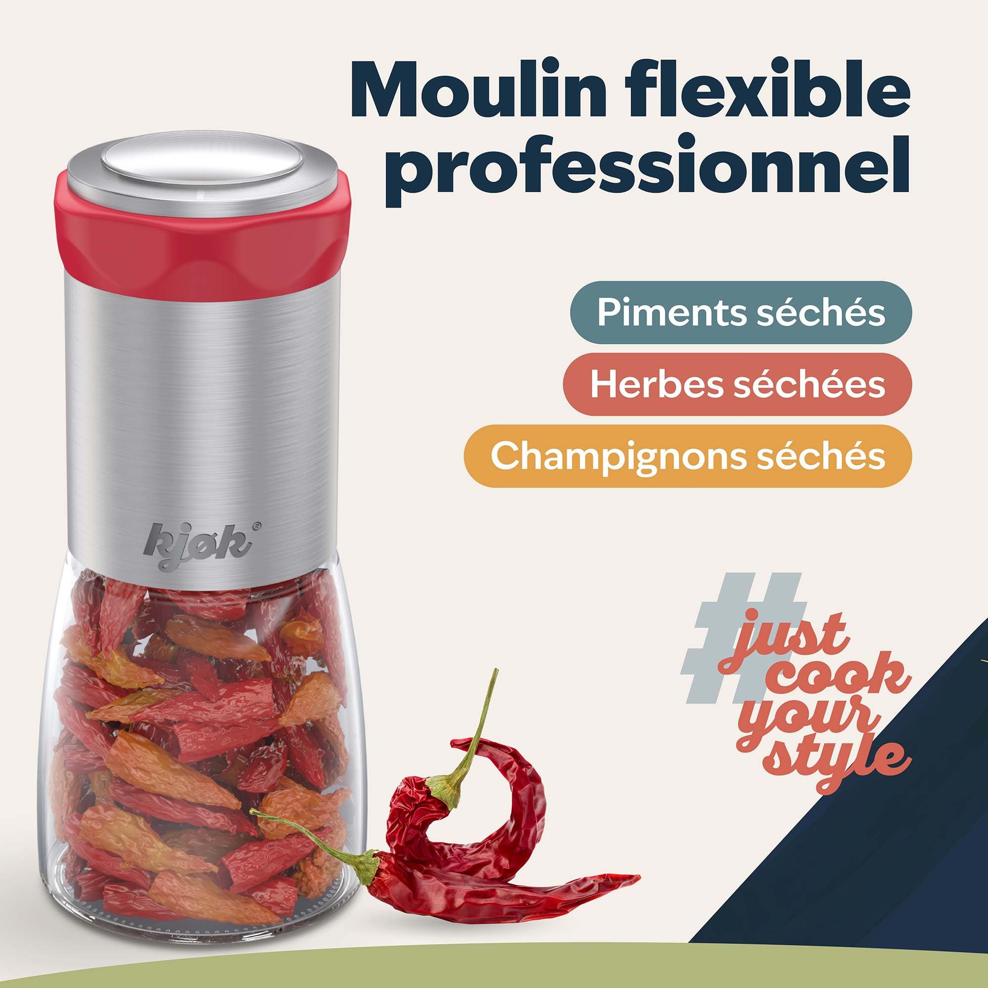 kjøk Moulin à piment premium en acier inoxydable & verre coupe-chili avec mécanisme de coupe en acier, moulin chili, réservoir de 100ml, coupe-épices avec couvercle aromatique