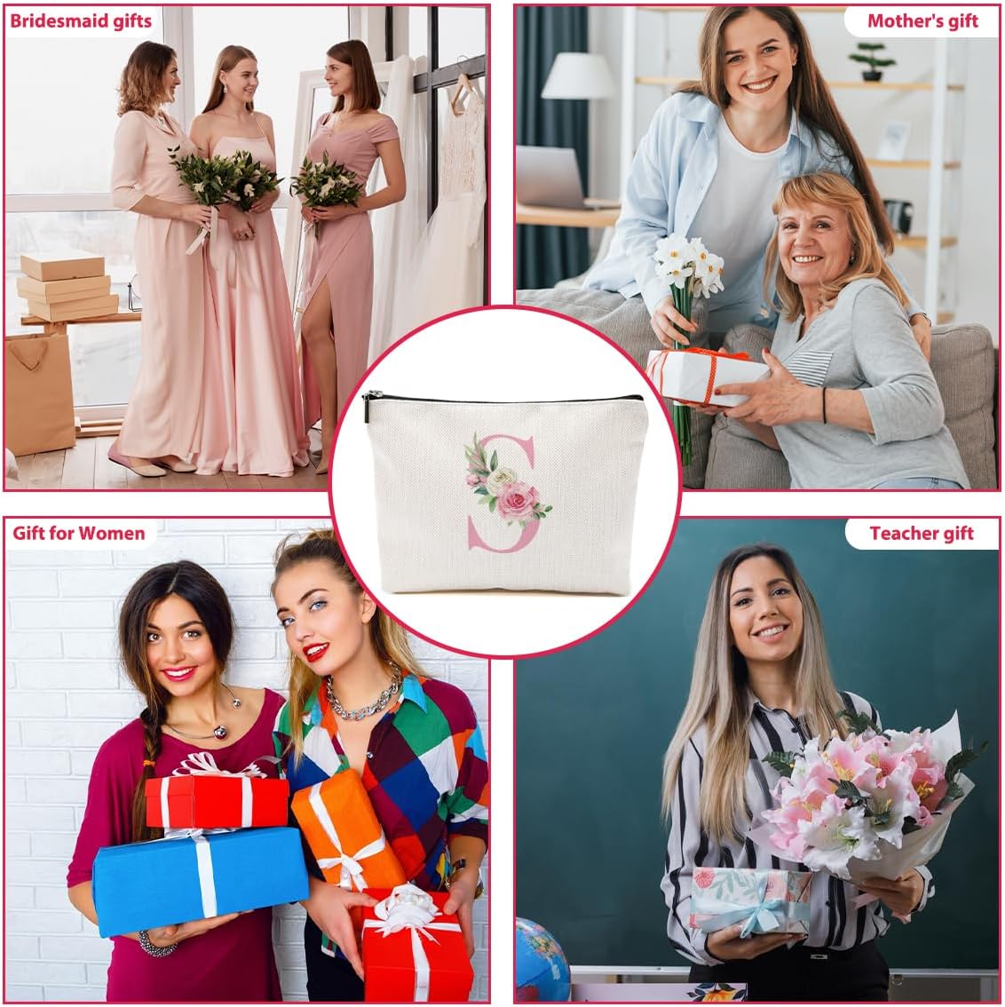 Pink Monogram Makeup Bag, Initial S, Cosmetic Bag Personalized Travel Organizer Bags Makeup Pouch, Monogrammed Gifts for Women Girls Friend Sisters Employee Bridesmaid Wedding Bridal Shower Gifts - Image 6