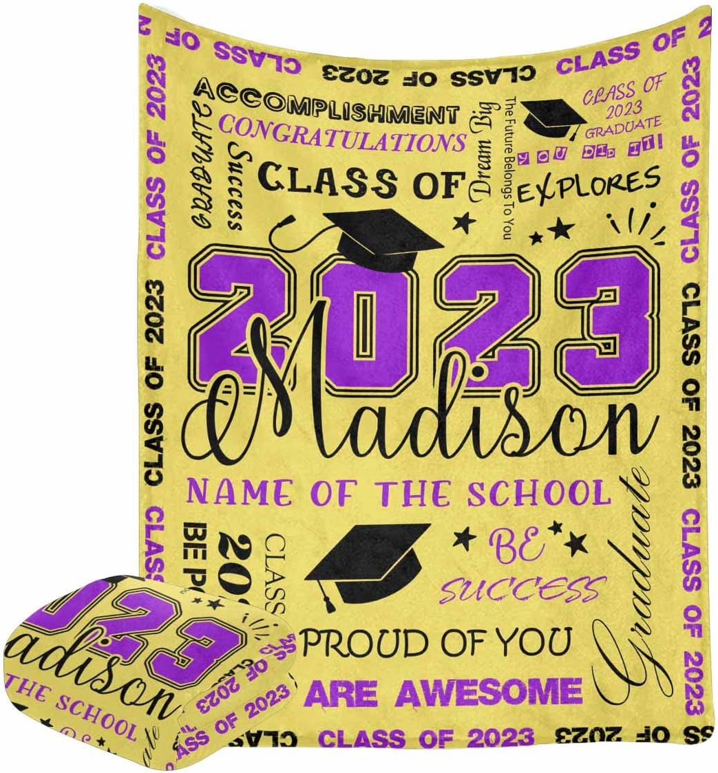 LOSARON Custom Blanket for Graduation Gift Class of 2023 Good Luck Purple Black Blanket Personalized Fleece Throw Blanket 2023 for Sister BFF Daughter Son Bedroom 50x60