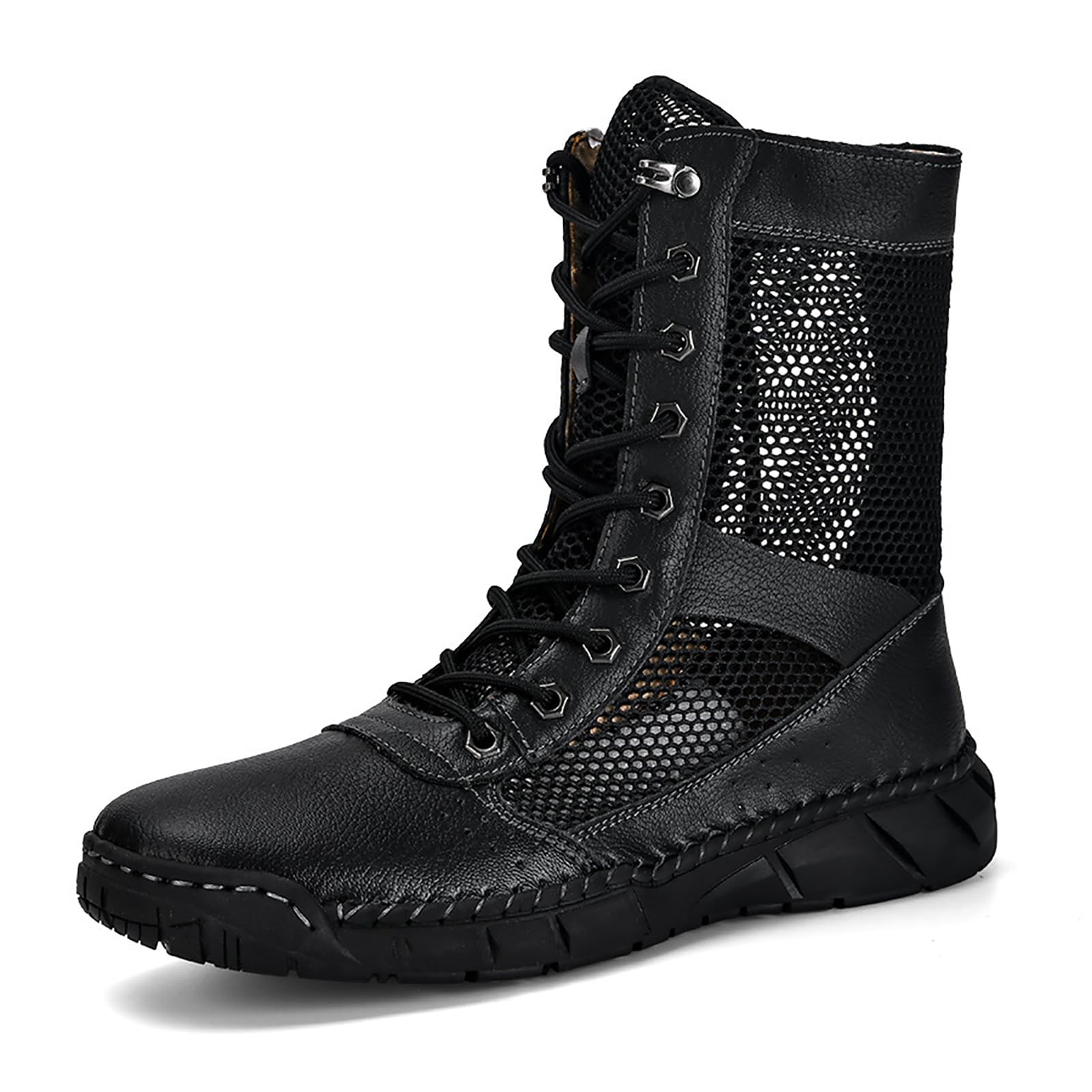 Womens Handmade Leather Mesh Lace-Up Flat Ankle Boots Casual Summer Hollowing Out Breathable Comfortable Booties