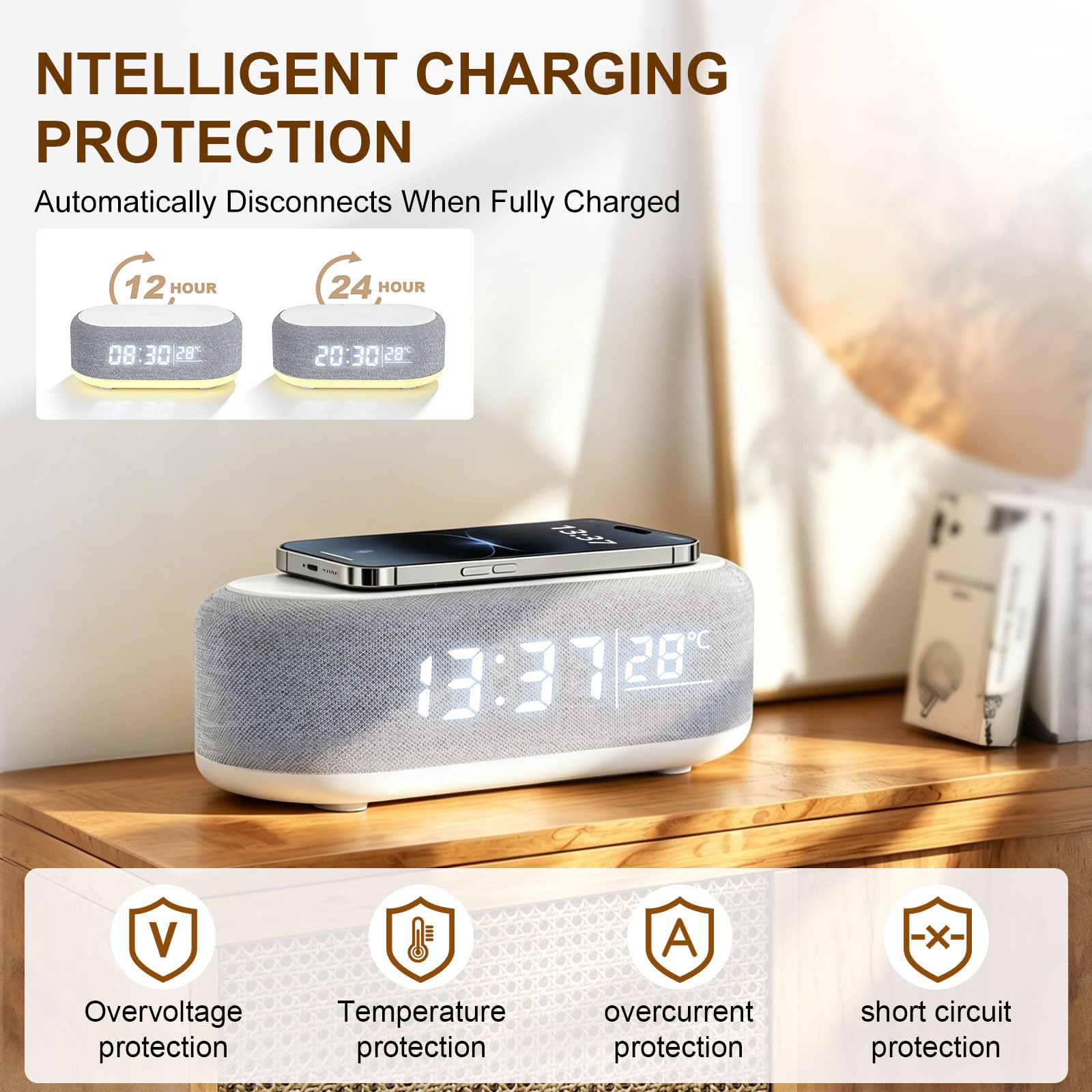 4 In1 Smart Wecker, Digitaler Tischwecker mit Licht und Ladestation, Radiowecker mit Ladefunktion & Temperaturanzeige, Helligkeit regelbar, ABS Tischuhr für Schlafzimmer Schreibtisch