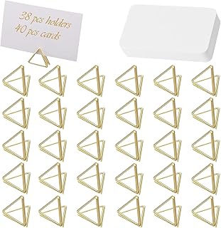 38pcs Mini Place Card Holders, Triangle Shape Wedding Table Number Holders Golden Photo Holder, Table Number Holder Memo Clip Picture Photo Holder, Comes with 40 Blank Table Cards