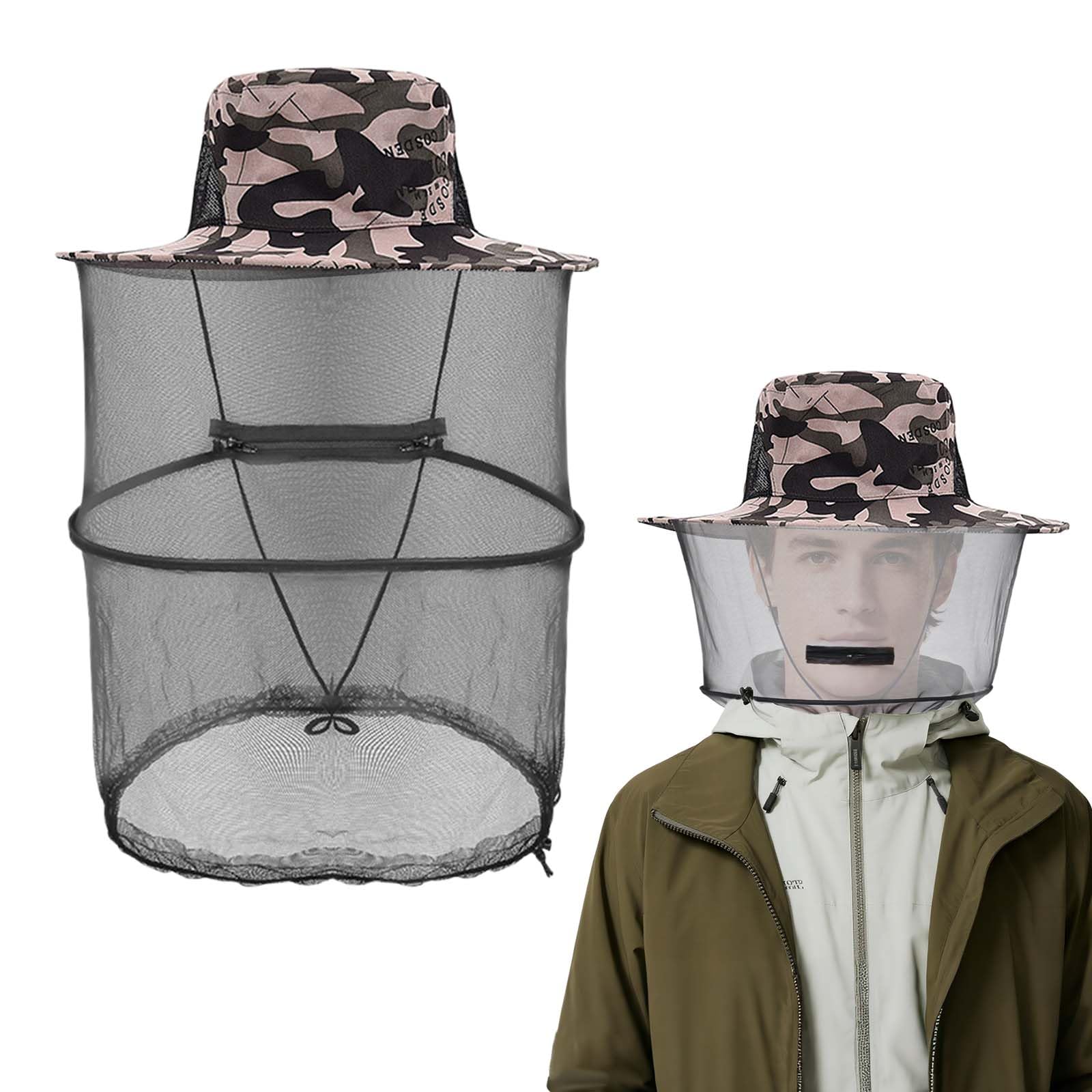 Mosquito Head Net Hat, Wide Brim Sun and Insect Protection Foldable Midge Net Hat for Beekeeping, Gardening, Fishing, Hiking, Camping and Outdoor Activities, Grey Camouflage