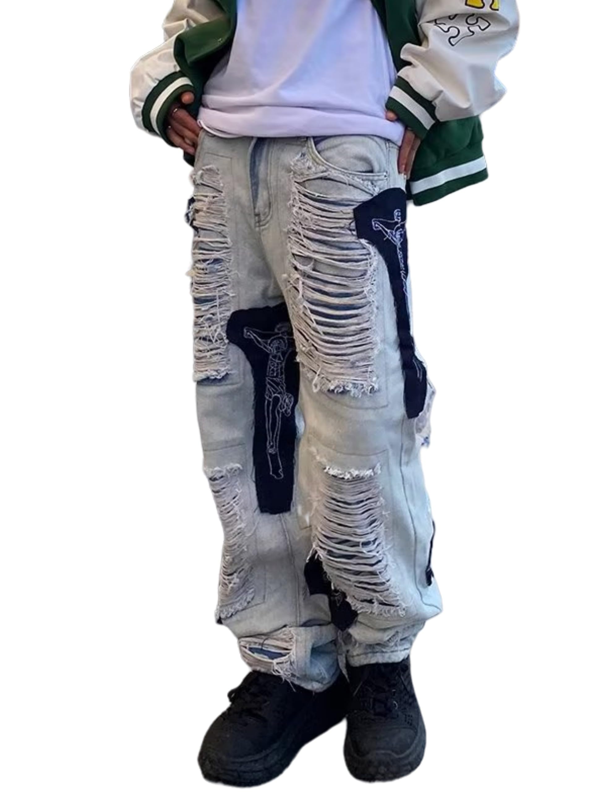 FantasyGearsStacked Jeans Men Y2k Baggy Ripped JeansDistressed Destroyed Straight Denim Pants Grunge Streetwear Jeans