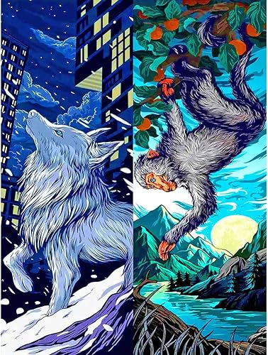Miniatura 1 de FHBUBPUP Kits de pintura de diamantes para adultos, kits de arte de diamantes del zodiaco chino para niños, manualidades de gemas de lobo y mono