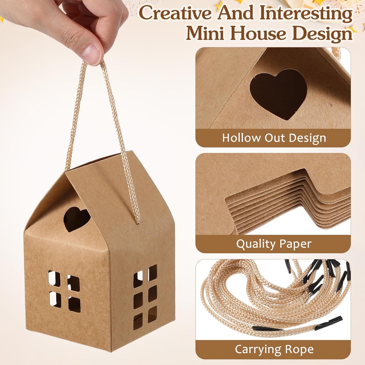 CTIRCHIU 10Pcs Brown Paper House Shaped Candy Gift Boxes with Hollow Design image 3