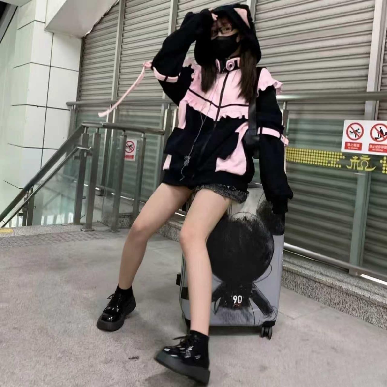 Pokn Tenshii Kawaii Felpe con cappuccio Jirai Kei Moda Carino Orecchie di Gatto Vestiti Oversize Zip Up Felpa Gotica Top