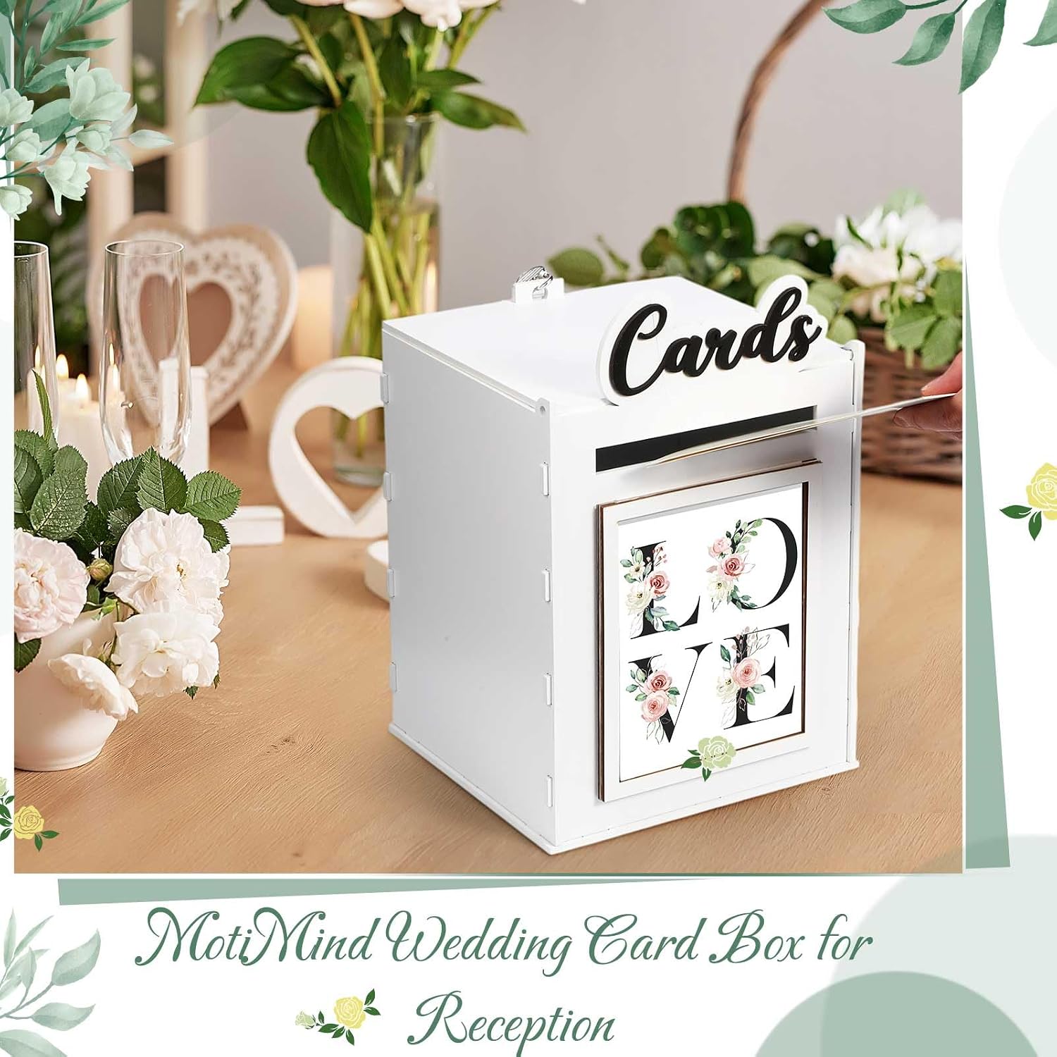 MotiMind White Wedding Card Box with Lock Key - 8 Swappable Event Cards - DIY Insert Frame - Rustic Wooden Wedding Card Box for Engagement Reception Anniversary Decorations, 11 x 7.5 x7 inch