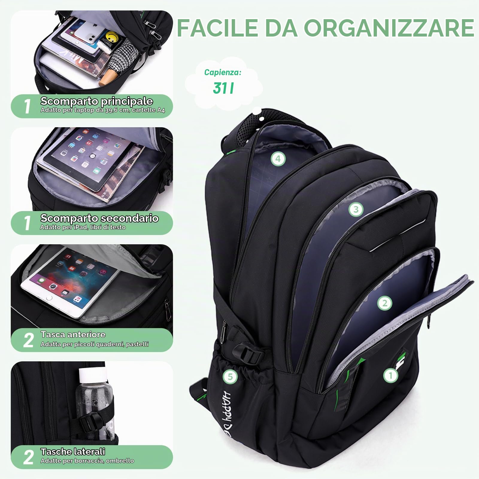 Amythe Zainetto per Ragazzo con Ruote, 30L Zaino Trolley Scuola Media e Superiore Leggero, Zaini Porta pc 15.6 Pollici Uomo con Carrello, Adatto per il Tempo Libero e i Viaggi, Nero