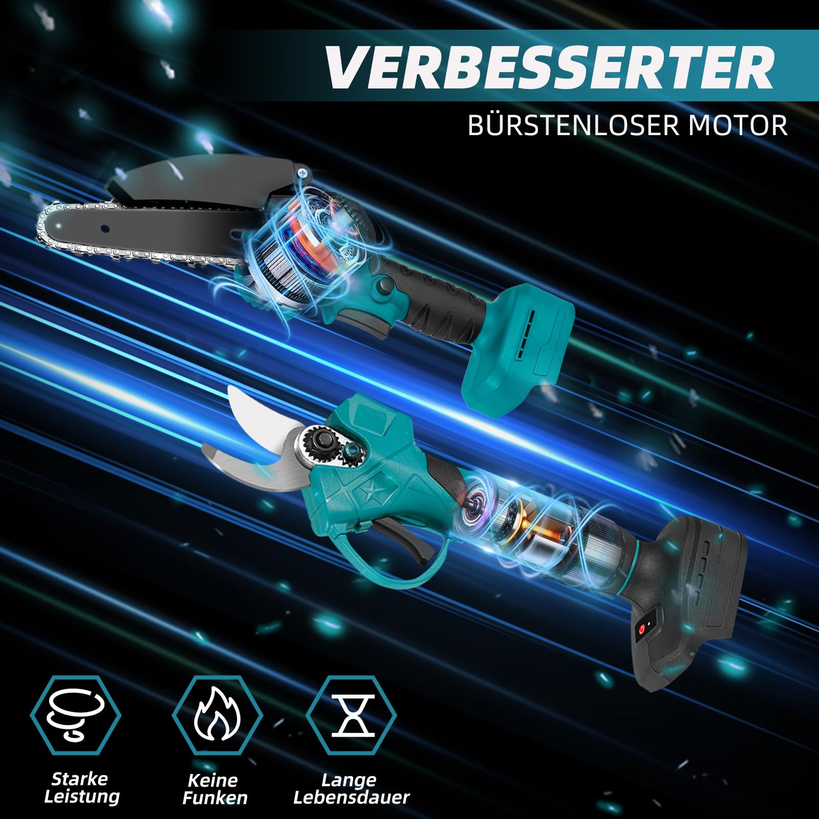 Yofidra 4-IN-1 Mini Kettensäge 6 Zoll mit Teleskopstange & Bürstenlos 25mm Astschere, 180° Einstellbarer Winkel, Akku Hochentaster mit 2 x 3.0Ah Akku und ladegerät, Max. Reichweite bis 4,6m, blau