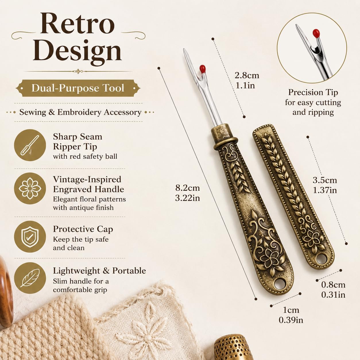 Retro Thread Cutter and Seam Ripper Tool, Sewing and Embroidery Accessory, Manual Tools, Clothing Thread Pickers