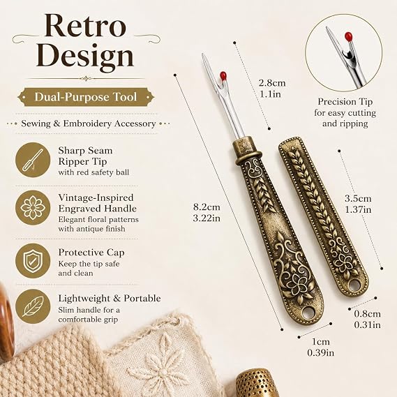 Retro Thread Cutter and Seam Ripper Tool, Sewing and Embroidery Accessory, Manual Tools, Clothing Thread Pickers