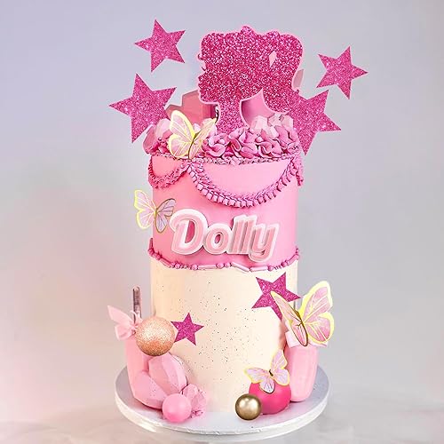 Miniatura 4 de Decoración para tartas de niña rosa intenso con bolas de mariposa de oro rosa, decoración de pastel de estrella para boda, aniversario, cumpleaños