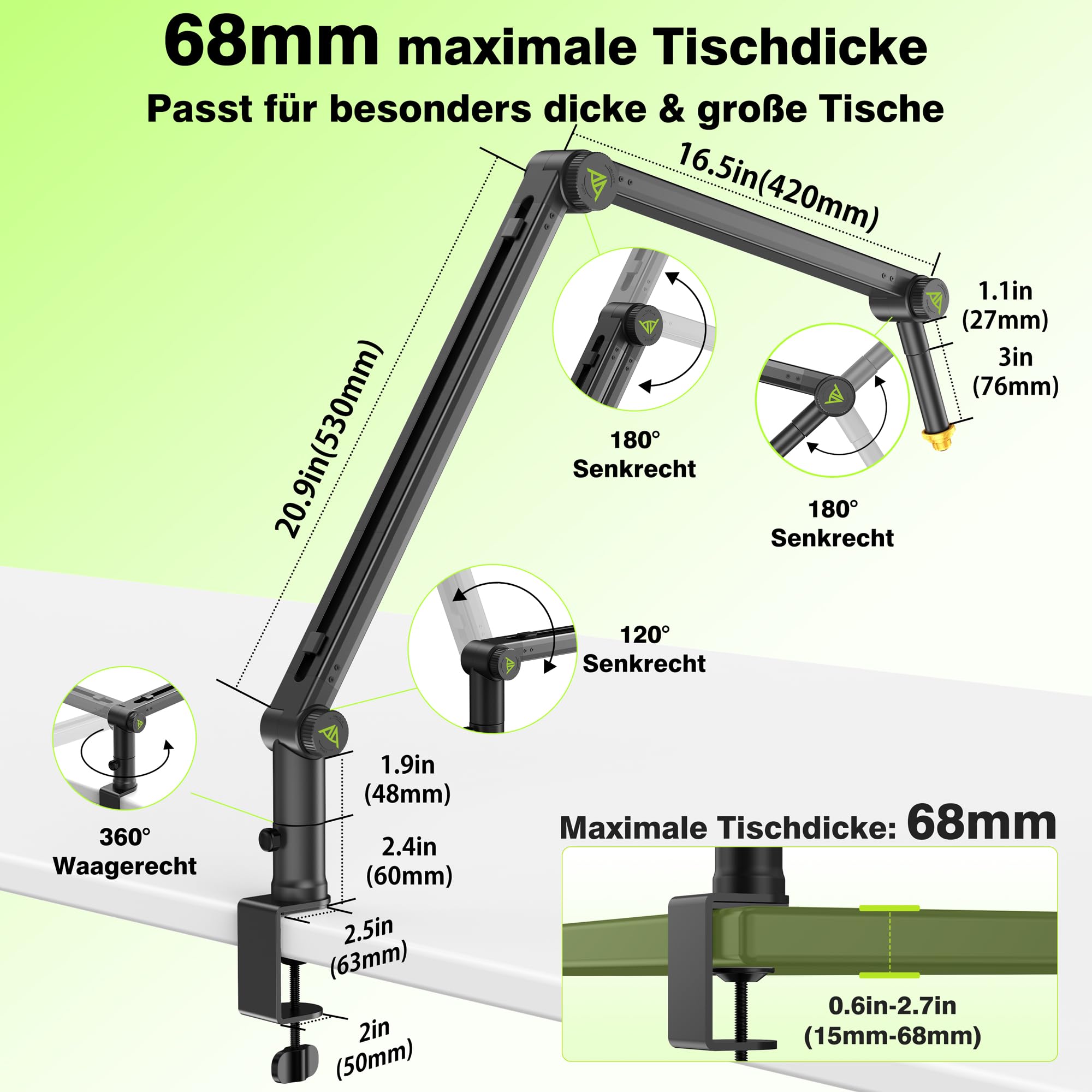 AA AUDIO ACCESSORY Passend für Shure SM7B, SM7dB & MV7 – Mikrofon-Arm ohne Durchhängen, 950 mm Reichweite, 3 kg Tragkraft, Zahnrad-Verriegelung Tischhalterung, kompatibel mit Blue Yeti, Rode & Co.
