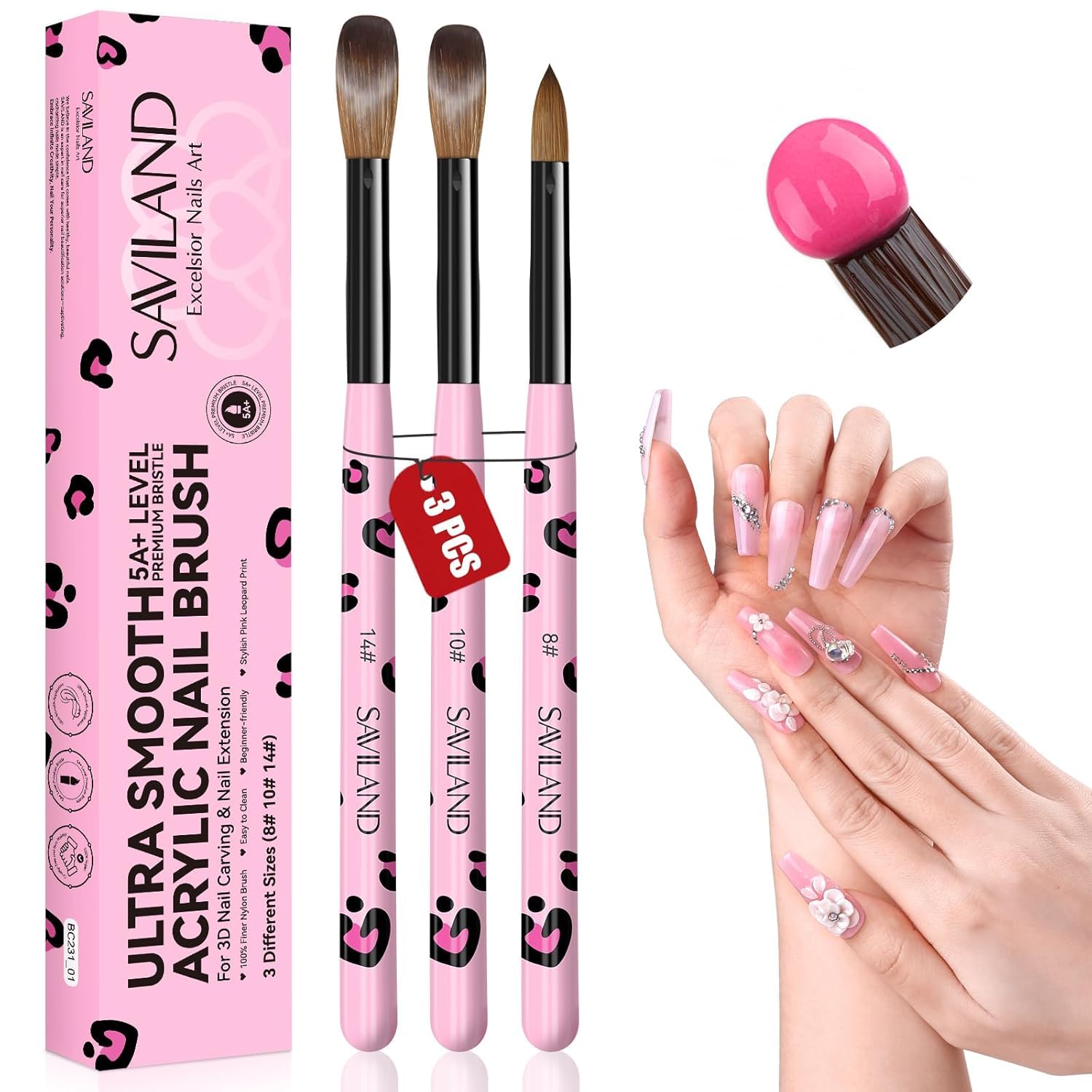 SAVILAND 3 Pcs Acrylic Nail Brush Set Size 8/10/14