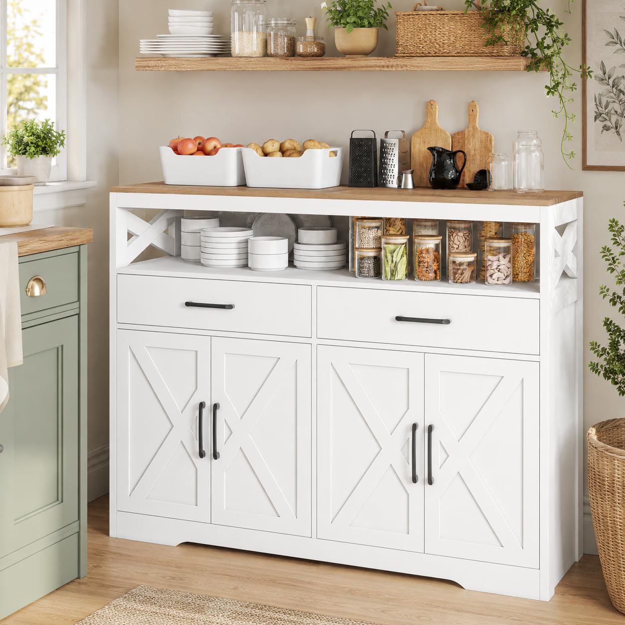 Aparador con 2 cajones, 4 puertas y estantes abiertos, estilo rústico, armario de cocina con vetas de madera blanca, armario de buffet para cocina, comedor, sala de estar, color blanco