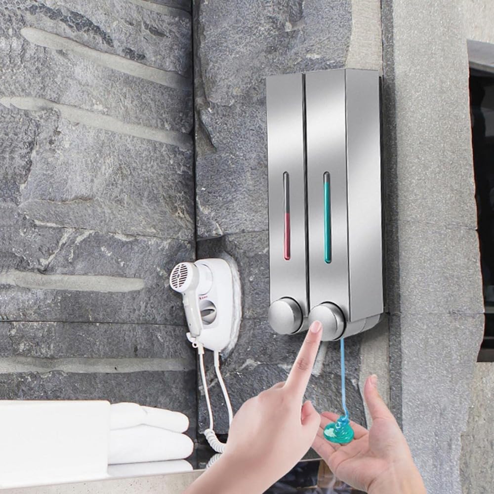 Dispensador de jabón para montaje en pared de baño, bomba de loción, botella para champú y jabón líquido (doble plata)