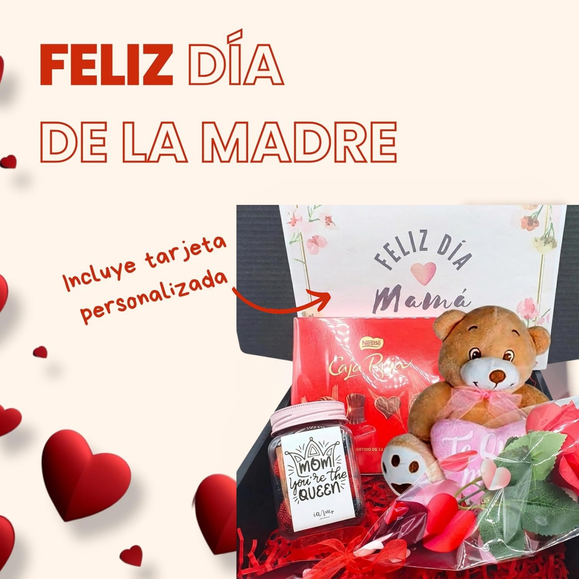 Pack Regalos Originales para Dia de la Madre | Cesta Dia de la madre con Bandeja Bombones Caja Roja + Rosa + Peluche + Frasco de Chuches dia de la Madre | Regalo para Mamá con Bombones