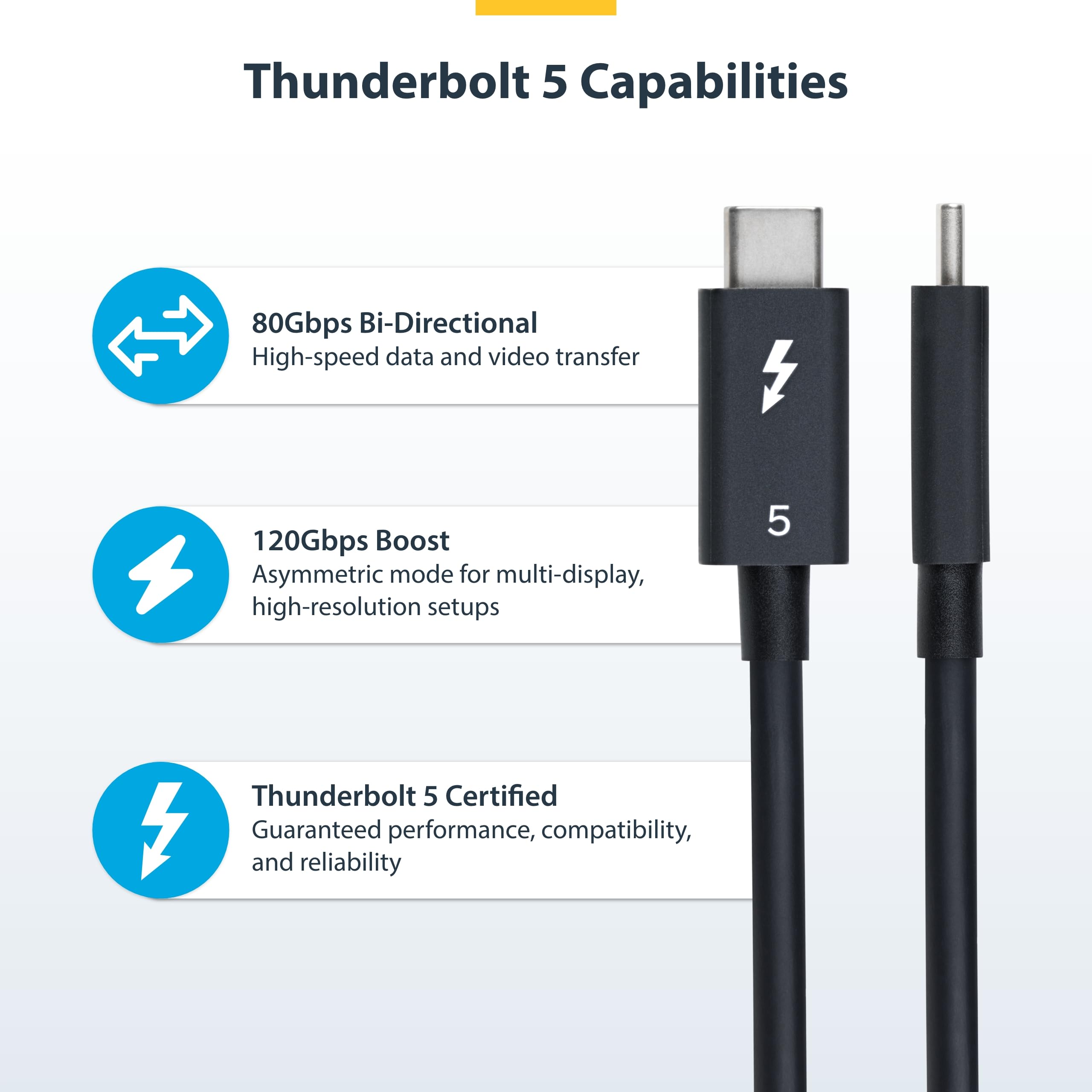 StarTech.com 3ft (1m) Thunderbolt 5 Cable, 80Gbps/120Gbps, 240W PD