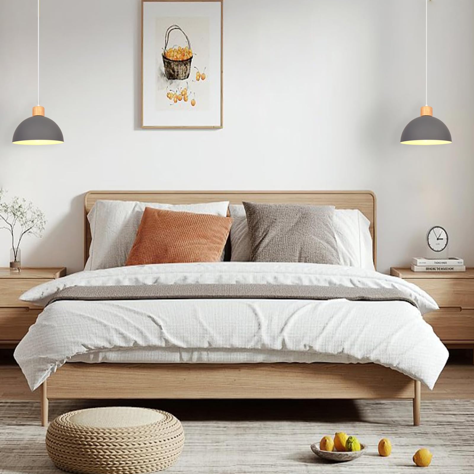 iDEGU 25cm Retro Pendant Light E27 LED Ceiling Light Modern Scandinavian Style Hemisphere Hanging Lampshade Metal Wood Pendant Light Fixture for Bedroom Dining Room Kitchen Restaurant (Grey) - Image 3