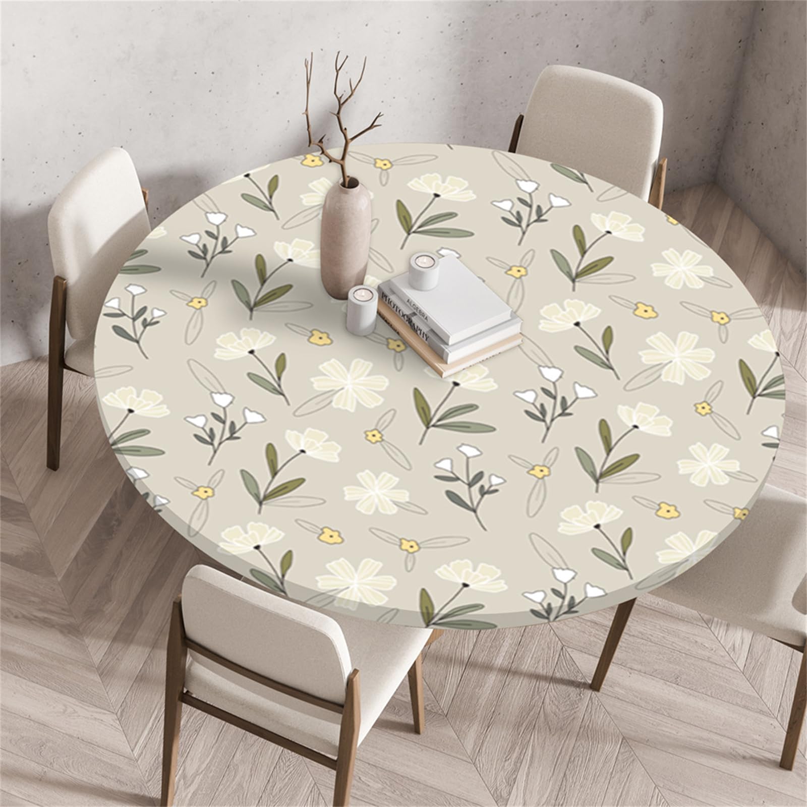 Muiuou Round Tablecloth, Flower Printing Reusable Wipeable Waterproof Oil-Proof Elastic Edged Circle Tablecloth, Fitted Kitchen Restaurant Picnic Home Decoration (Diameter 70cm,Style 5)