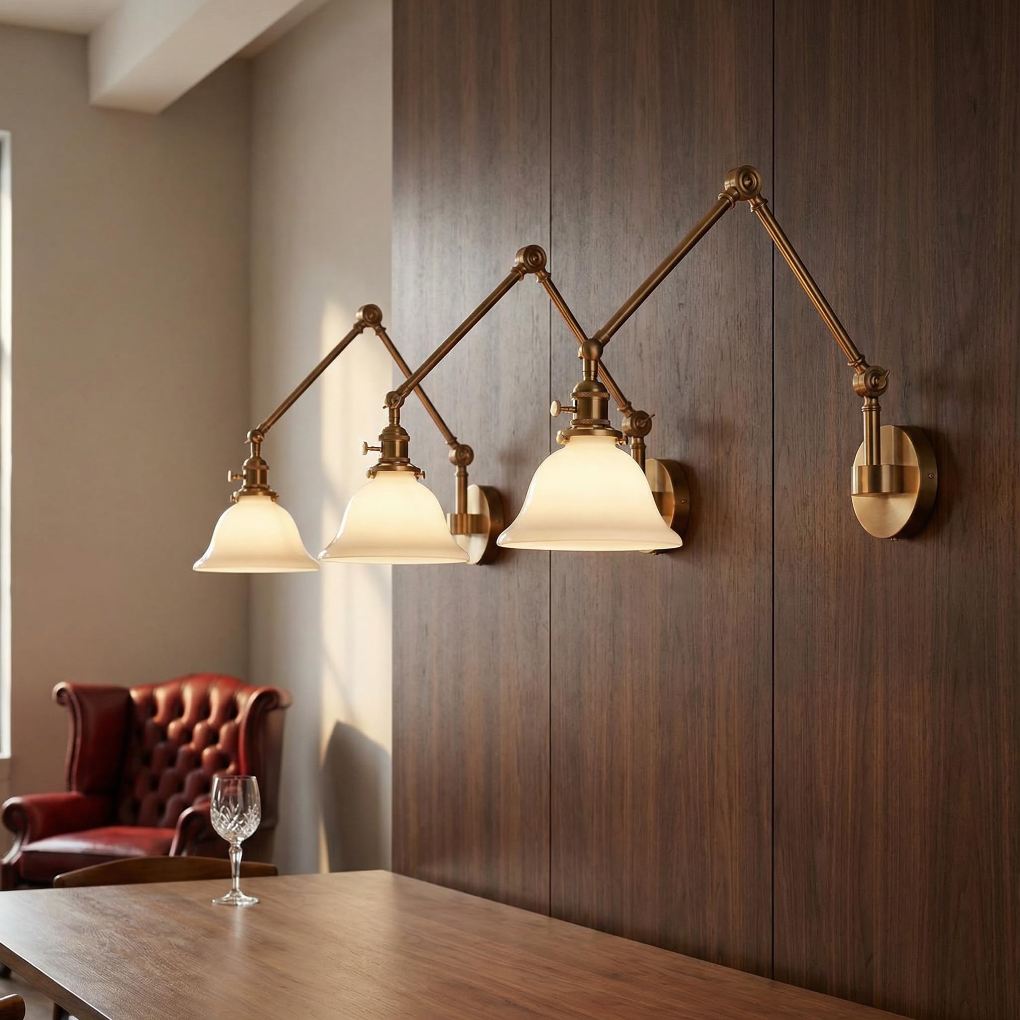 BARCELONA LED Wandlampe mit Gelenkarm in Gold/Kupfer und Weißem Glaslampenschirm, Vintage Industriestil, Retro, Modern und Minimalistisch, Ideal für Schlafzimmer, Wohnzimmer, Esszimmer und Büro