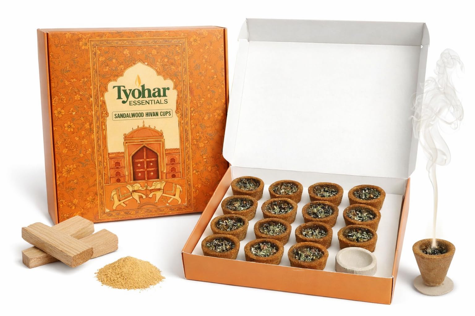 Tyohar Essential Sandalwood Havan Cups | Charcoal-Free Puja & Havan Samagri | Pure Sandalwood Aroma | Long Burning | Free Ceramic Plate Included Pack of 15-image-47