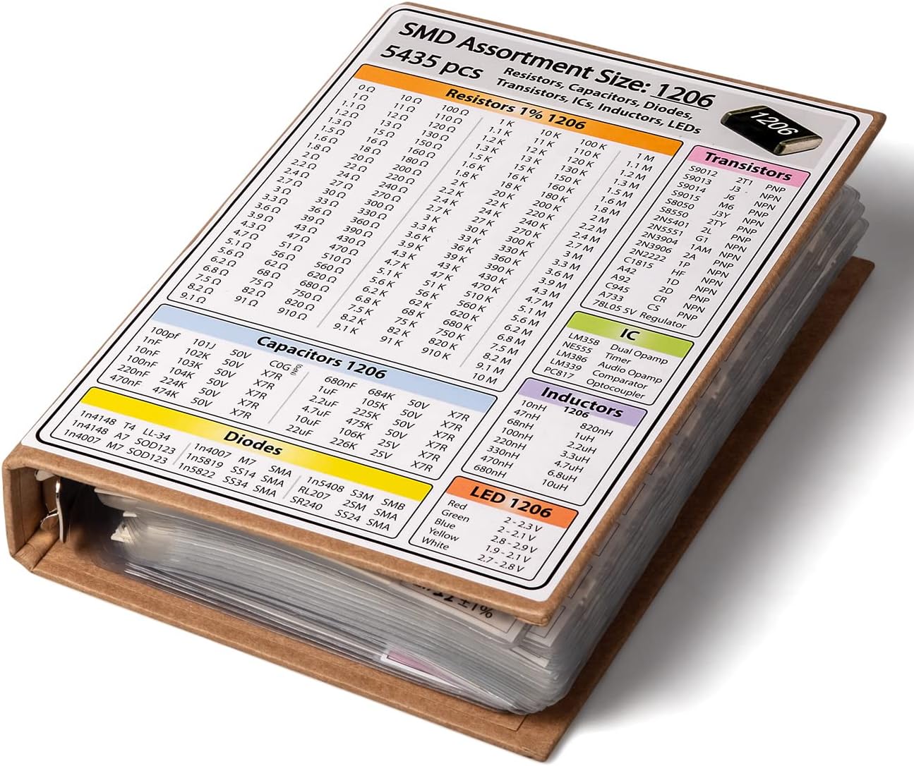 SMD 1206 Book, Resistors, Capacitors, Transistors, Diodes SMT Electronic Components Assortment - 5435 pcs