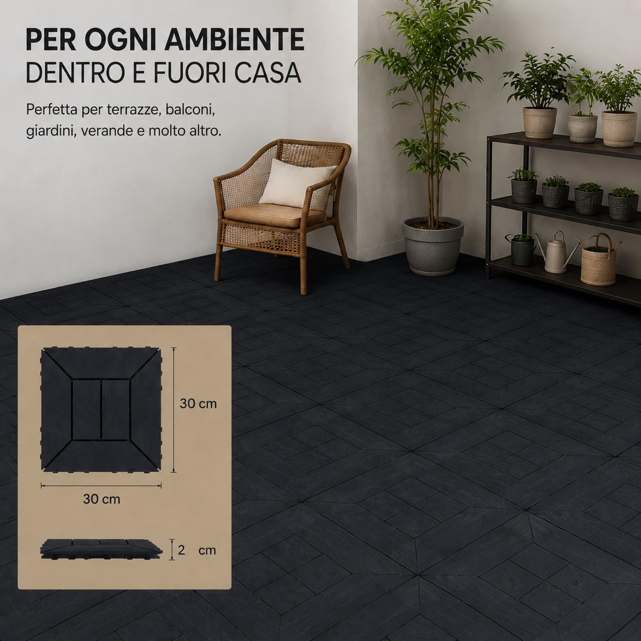 Set di Piastrelle in Plastica 30x30x2h cm - Pavimento Esterno, Giardino, Sistema a Incastro, per Terrazza, Patio, Resistente - Set da (48, Antracite)