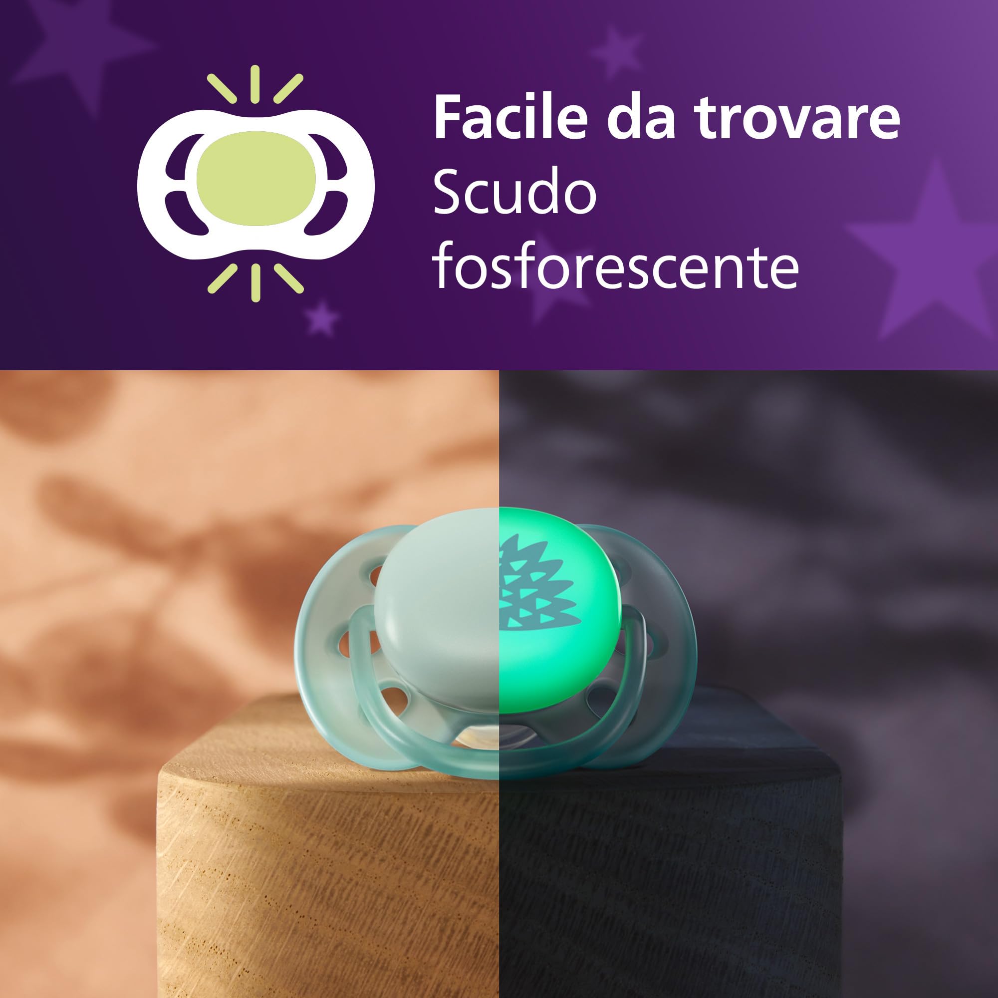 Philips Avent Ciucci Ultra Soft Day & Night – Design ortodontico, da 0 a 6 mesi, si illuminano al buio, tettarella in silicone, no BPA, custodie per sterilizzazione, pack da 4 pezzi, SCF094/09
