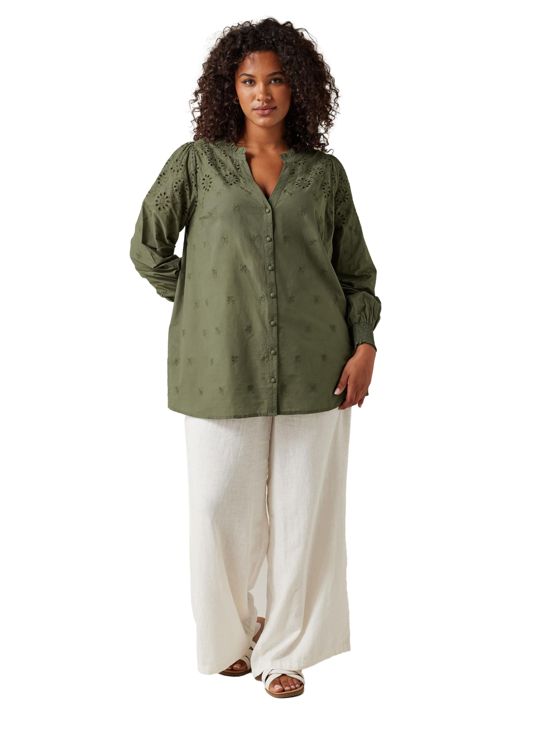 Evans Women's Green Curve Khaki Broderie Cotton Blouse - Plus Size Curve