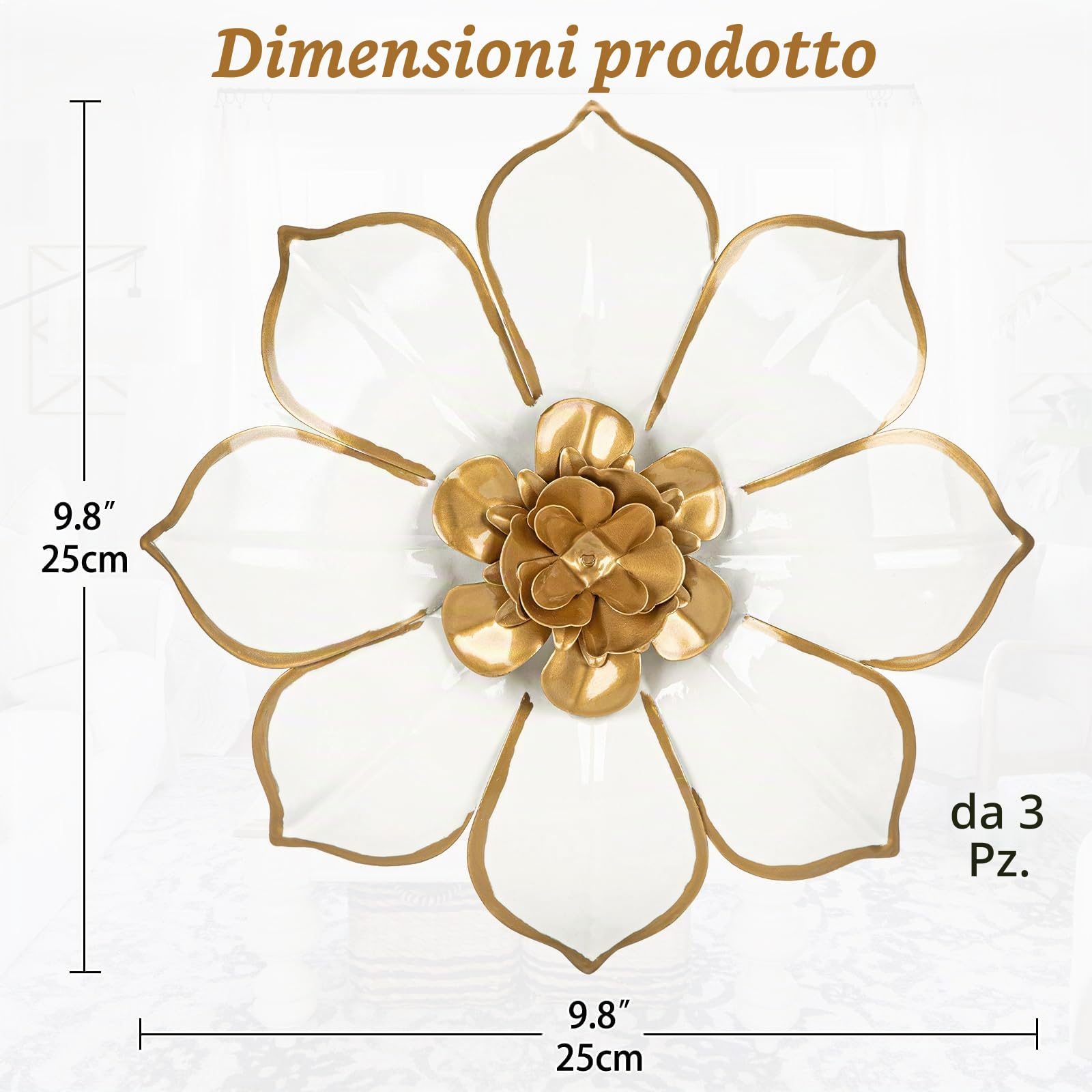 Arborus 3 pezzi da 24,9 cm in metallo oro bianco arte da parete 3D moderna decorazione da parete fiori opere d'arte in metallo per camera da letto soggiorno decorazione da parete domestica