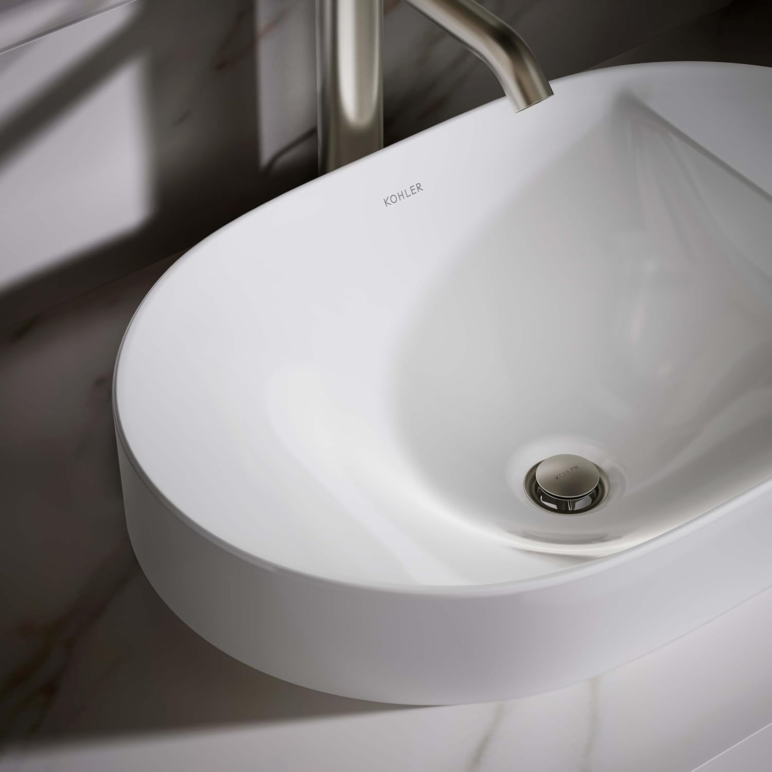 KOHLER 31703-0 Chalice 22-3/4" Oval Vessel Bathroom Sink Bowl with Storage Deck, Above Counter Vanity Sink Basin, with Overflow, No Faucet Holes, White