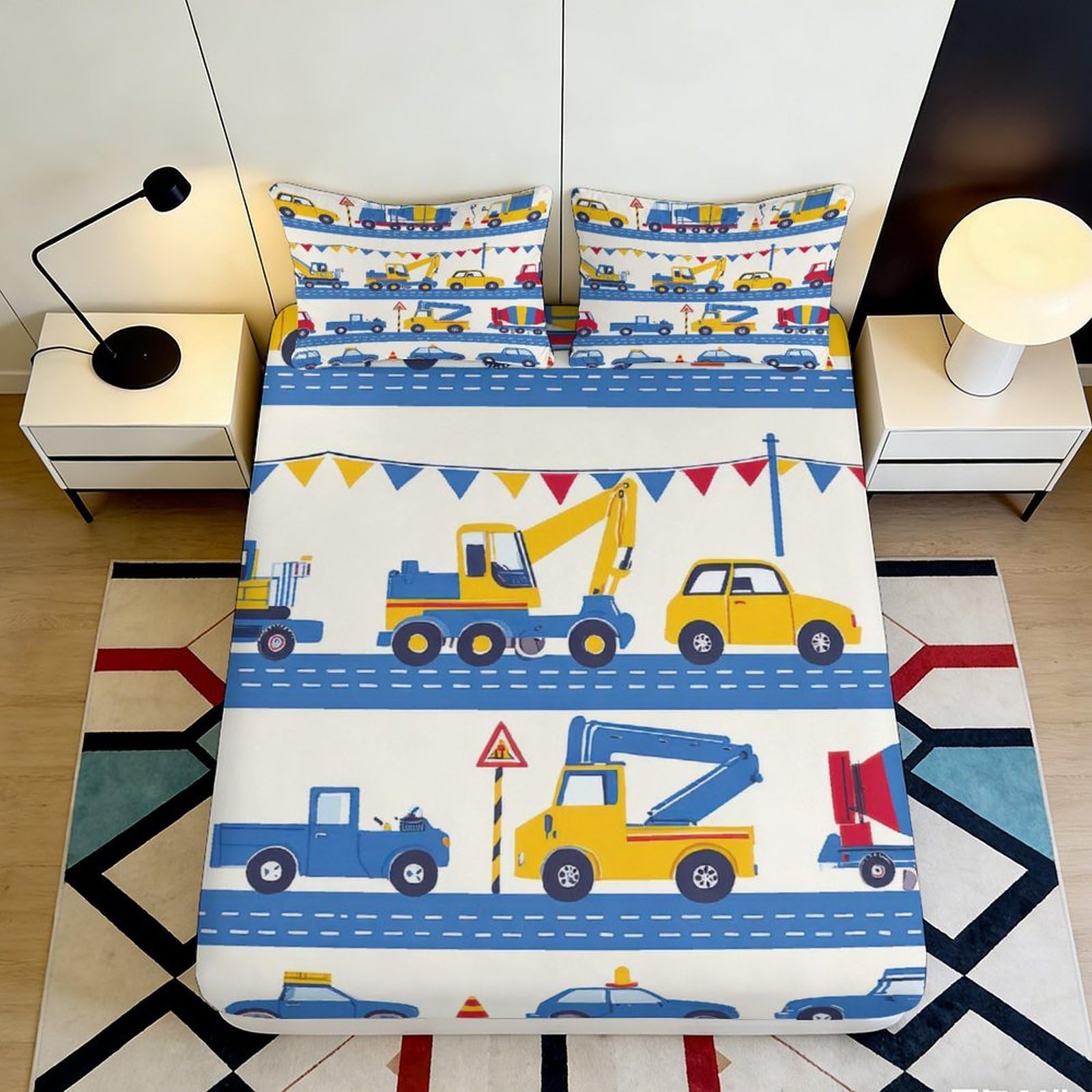 3D Printed Construction Vehicles Fitted Sheet Microfiber Soft Touch Traffic Cars Bed Cover for Bedroom Dorm Decor 90x200x25cm