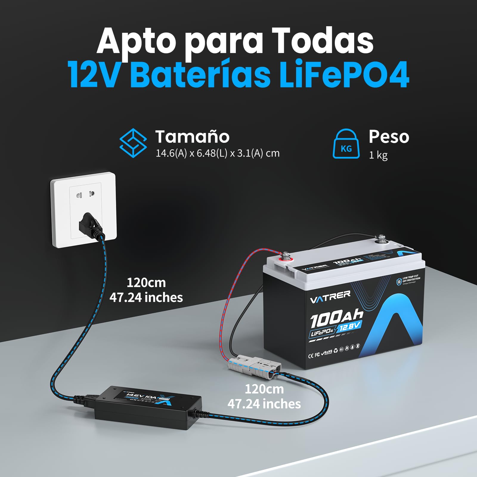 VATRER POWER 14.6V 10A Cargador de Batería de Litio Inteligente AC-DC Cargador de Batería LiFePO4 Cargar Baterías LiFePO4 de 12V, Soporta Carga Rápida