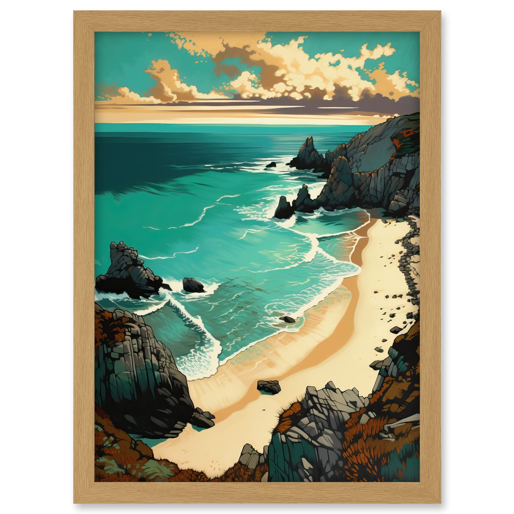 Artery8 Porthcurno Sandy Beach Cliffs Coastal Landscape Artwork Framed A3 Wall Art Print