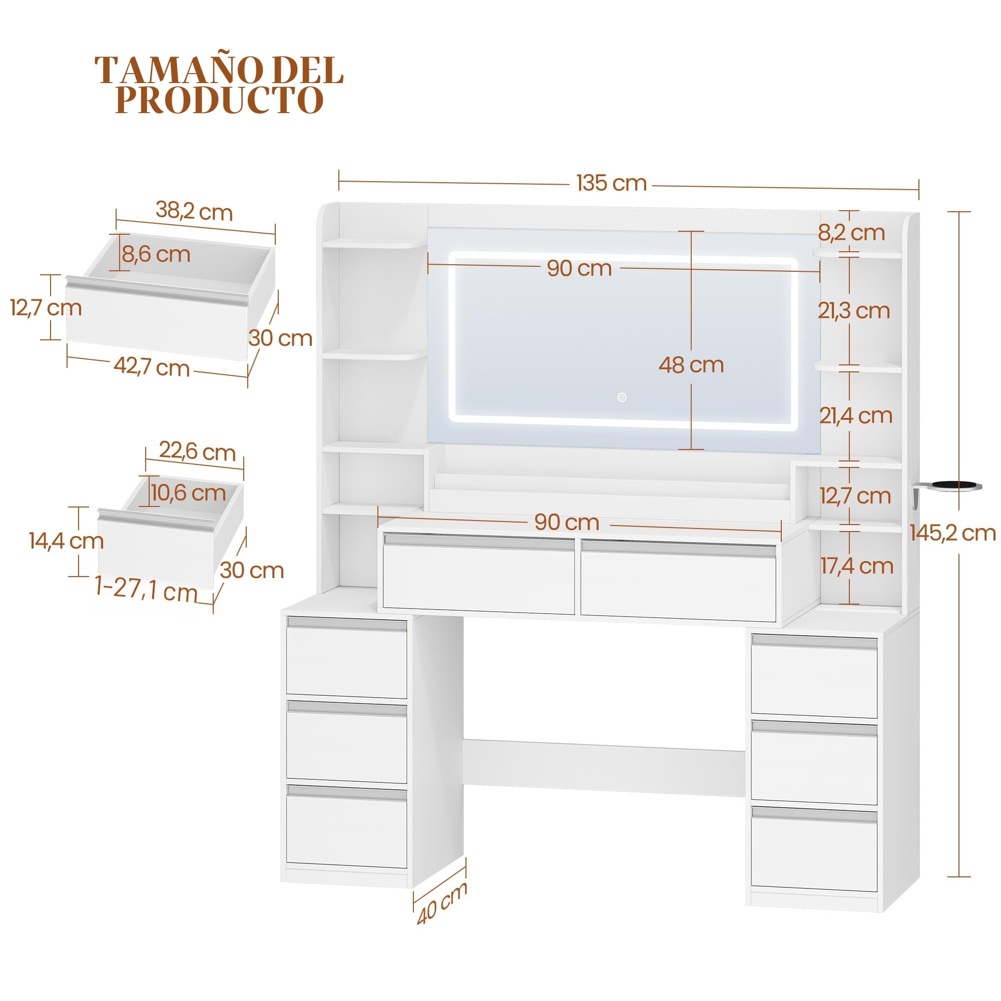 HEXCELEN 135 cm Tocador Grande, Tocador de Maquillaje con Luz LED, Grande Espejo, Mesa de Maquillaje con Prácticas Tomas de Corriente, 8 Cajones, Estantes Abiertos Mesa, Blanco-Plata