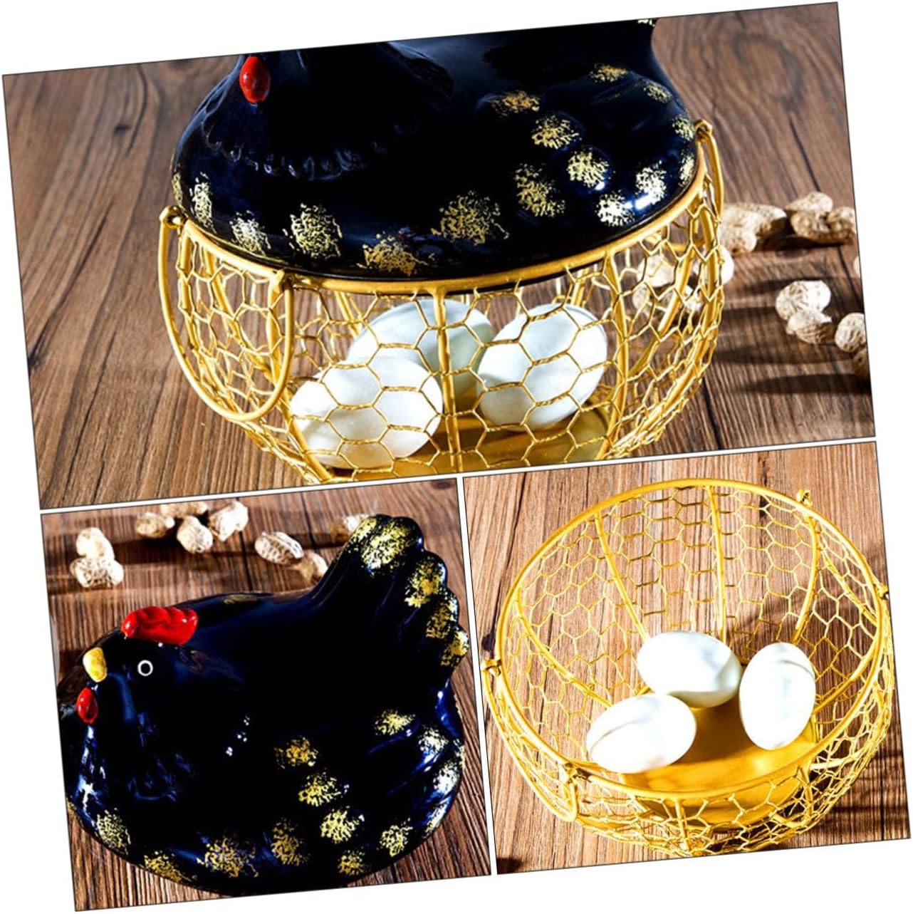 PATKAW Rustic Metal Egg Basket Black Egg Cover Golden Wire Frame Countertop Organization Home Food Storage