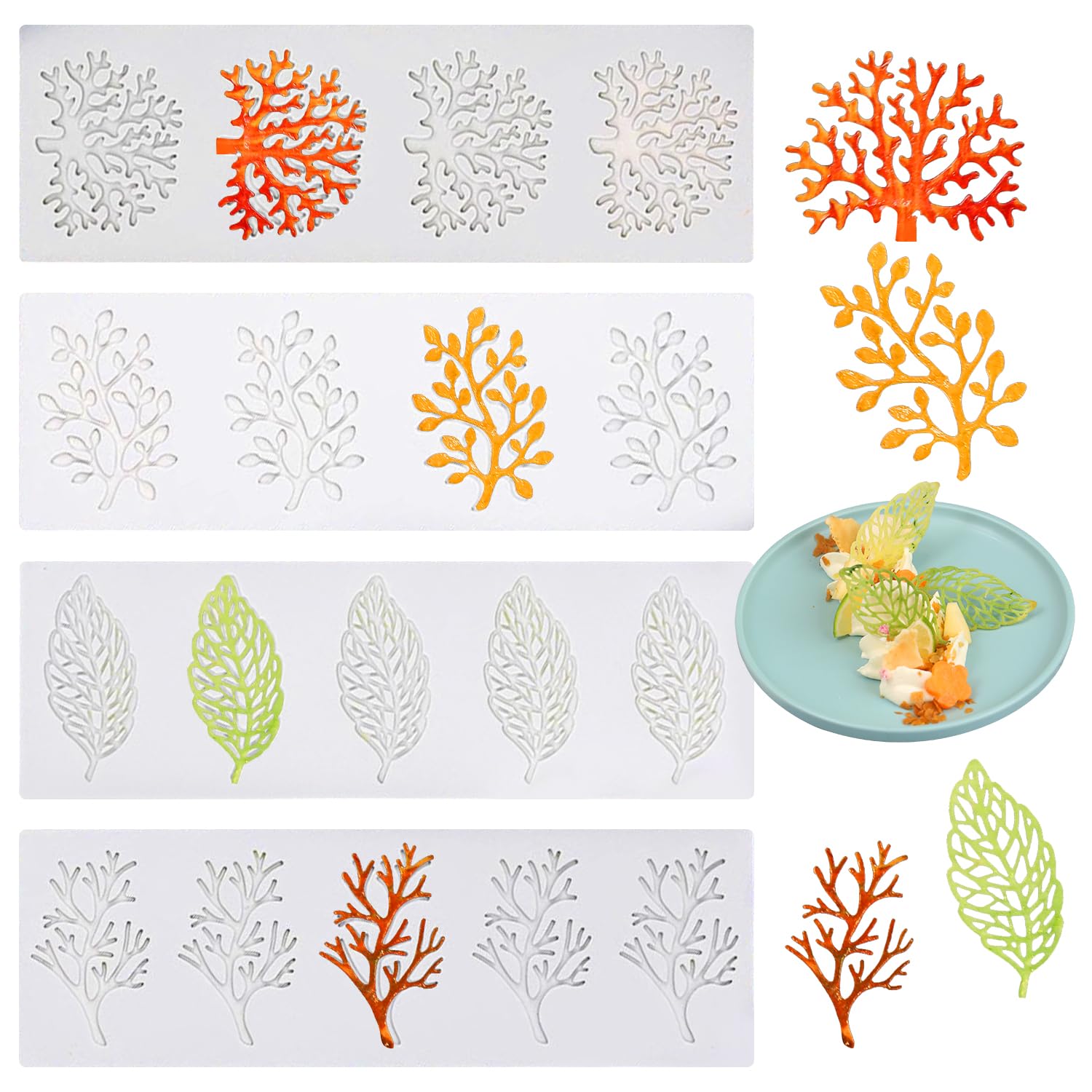 4 Pcs Leaf Molds Silicone Baking Molds,3D Leaf Tuile Lace Cake Decorating, Coral Branch Leaf Chocolate Mould (3 pcs only)