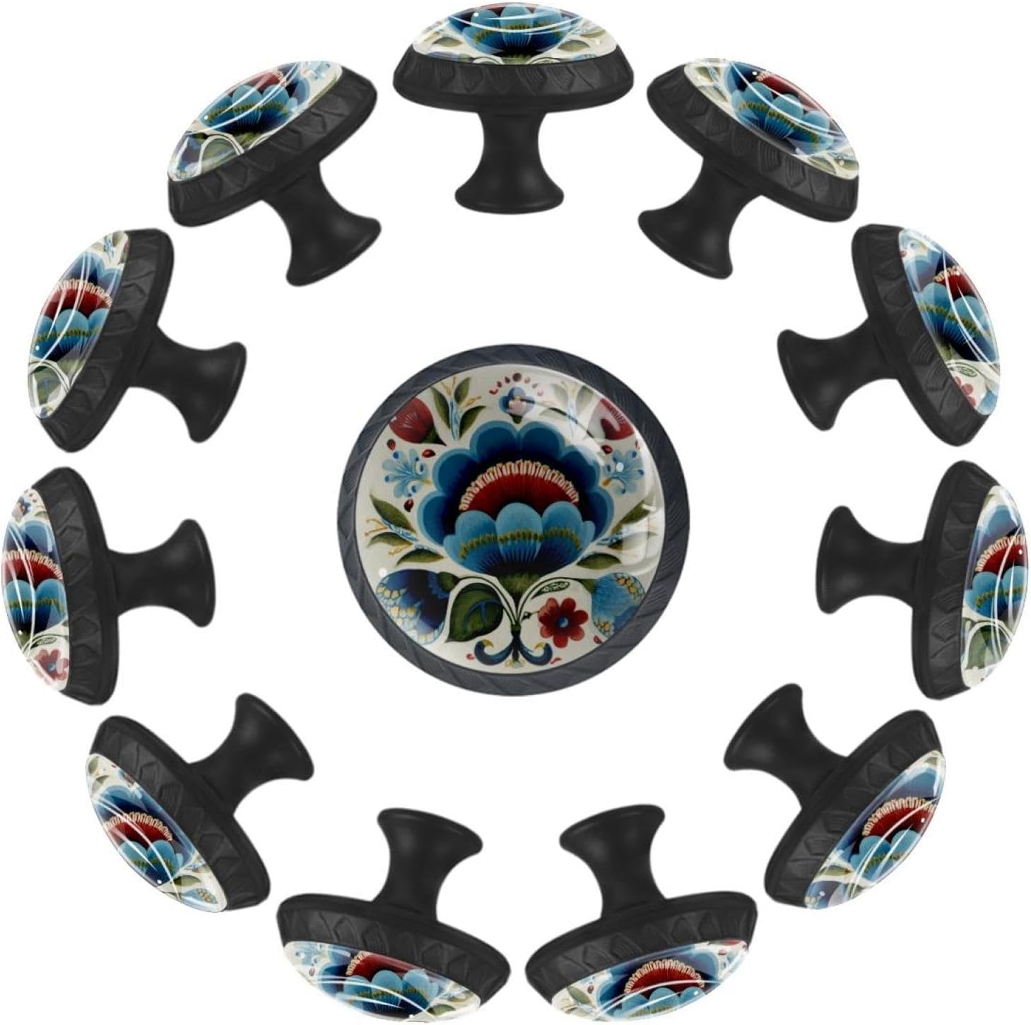 Norwegian Rosemaling Folk Style Flower (55) Kitchen Cabinet Knobs, Decorative Mushroom Drawer Pulls, Durable Furniture Hardware for Bathroom Dresser Wardrobe Cupboard